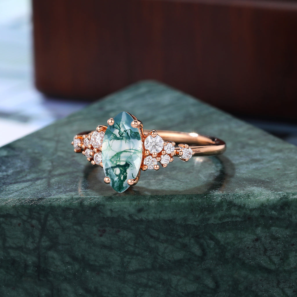 Marquise cut  Moss agate engagement ring. S925/10k/14k/18k gold ,  rose/white/yellow gold ring