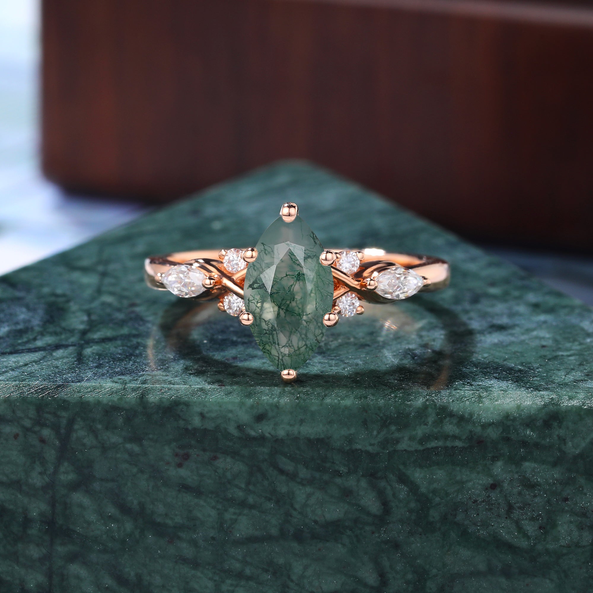 Marquise cut Moss agate engagement ring S925/10k/14k/18k gold. unique bridal ring rose/white/yellow gold