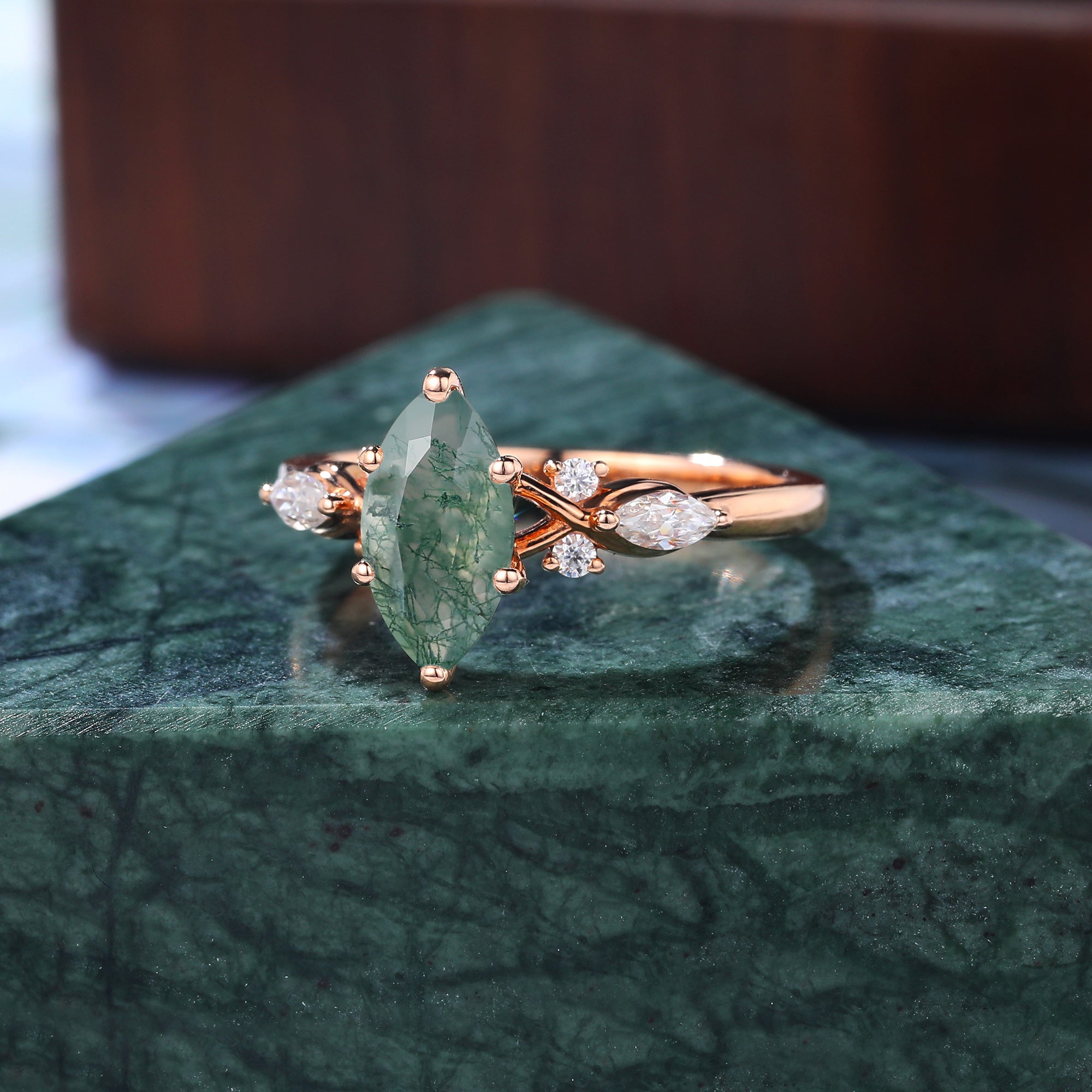 Marquise cut Moss agate engagement ring S925/10k/14k/18k gold. unique bridal ring rose/white/yellow gold