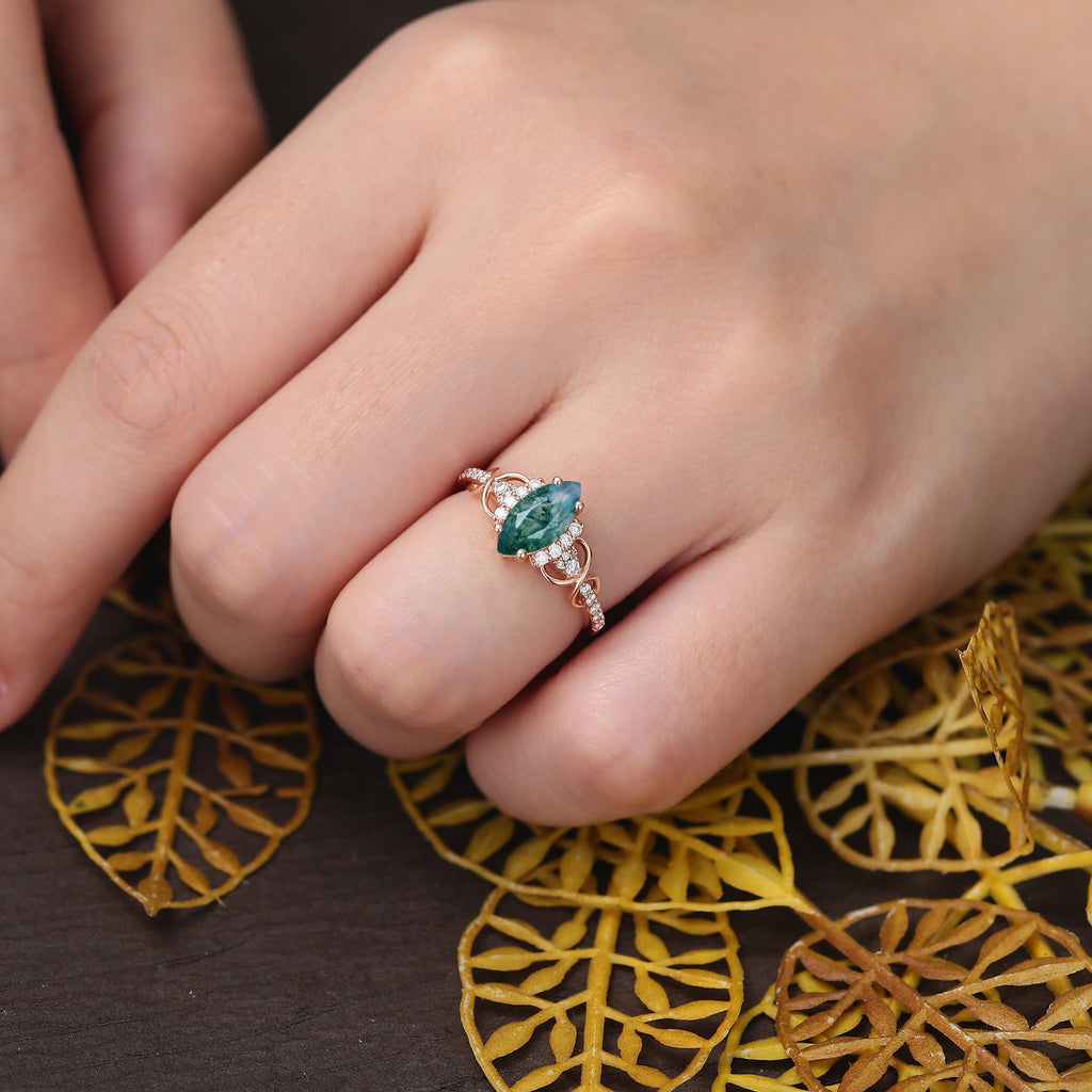 Marquise cut Moss agate engagement ring S925/10k/14k/18k gold ring, unique bridal ring