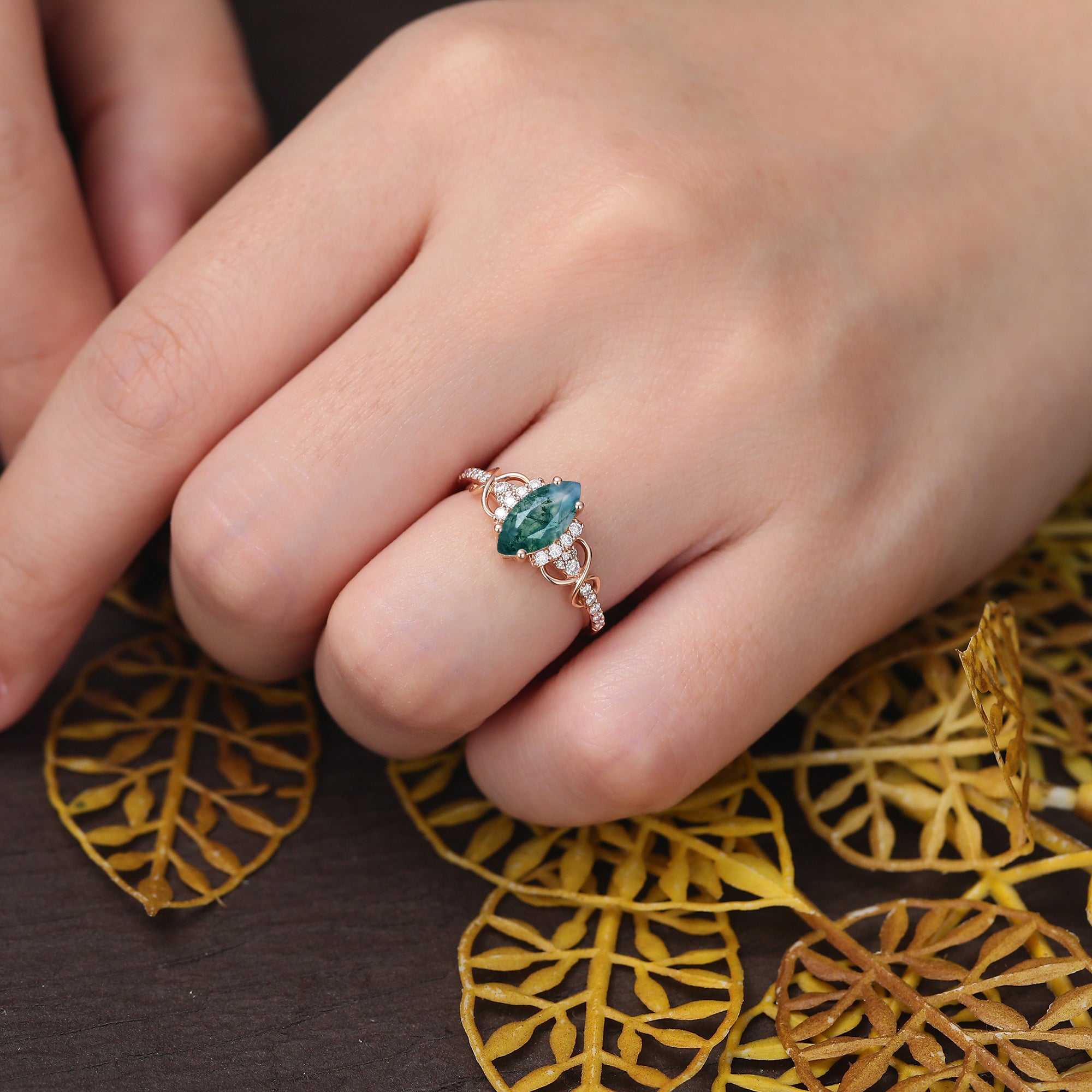 Marquise cut Moss agate engagement ring S925/10k/14k/18k gold ring, unique bridal ring