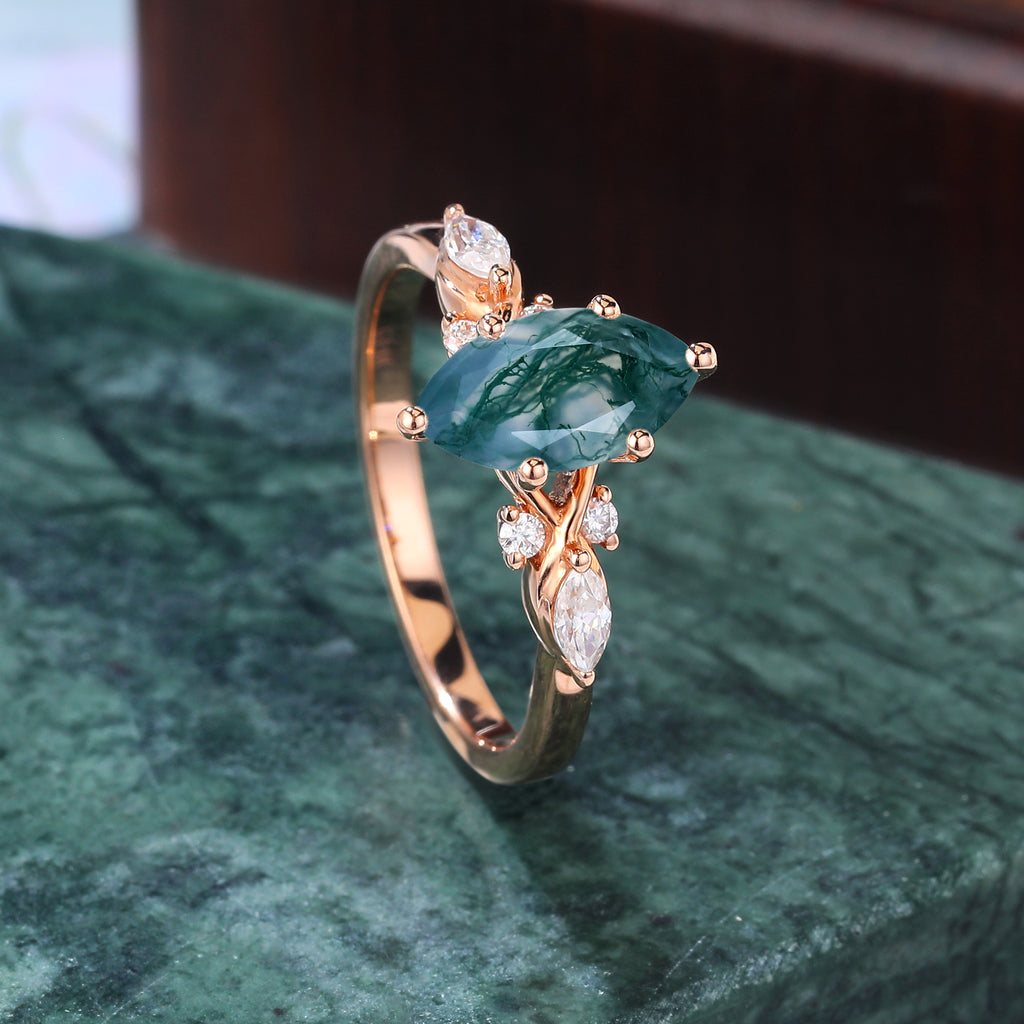 Marquise cut Moss agate engagement ring S925/10k/14k/18k gold. unique bridal ring rose/white/yellow gold
