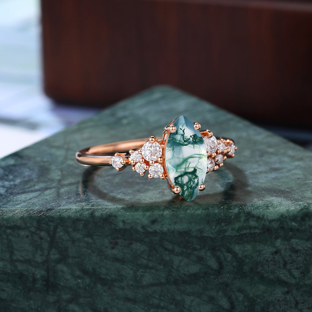 Marquise cut  Moss agate engagement ring. S925/10k/14k/18k gold ,  rose/white/yellow gold ring