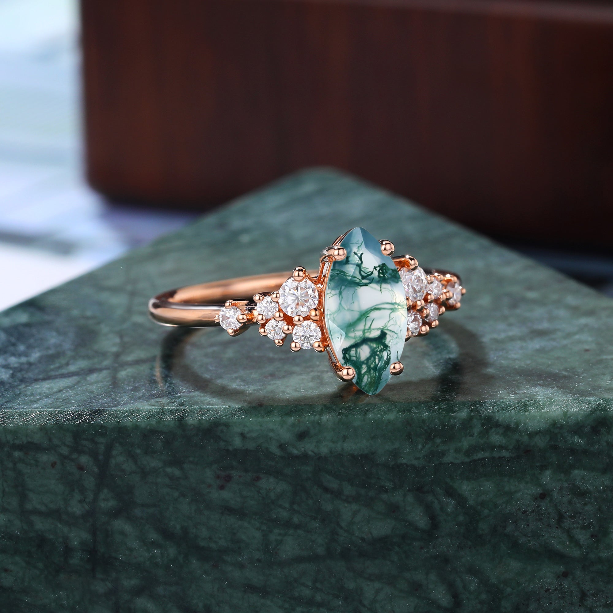 Marquise cut  Moss agate engagement ring. S925/10k/14k/18k gold ,  rose/white/yellow gold ring