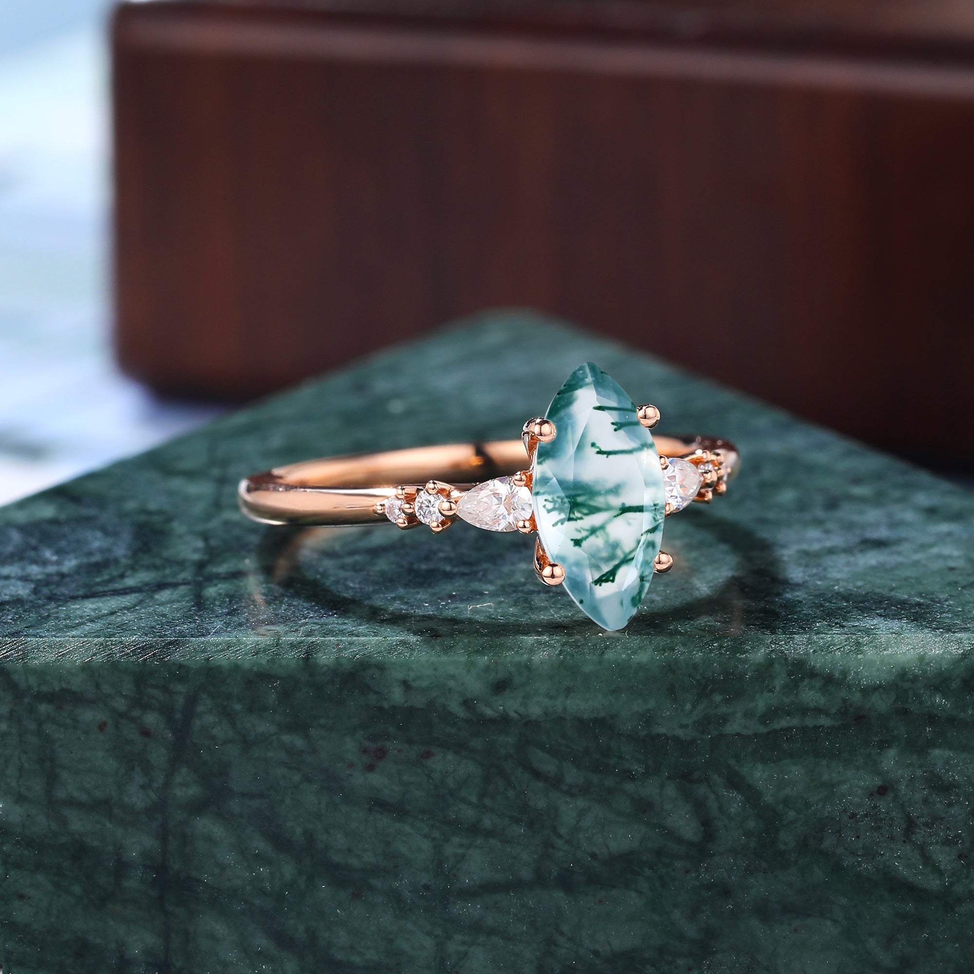 Marquise cut Moss agate rose gold engagement ring S925/10k/14k/18k gold
