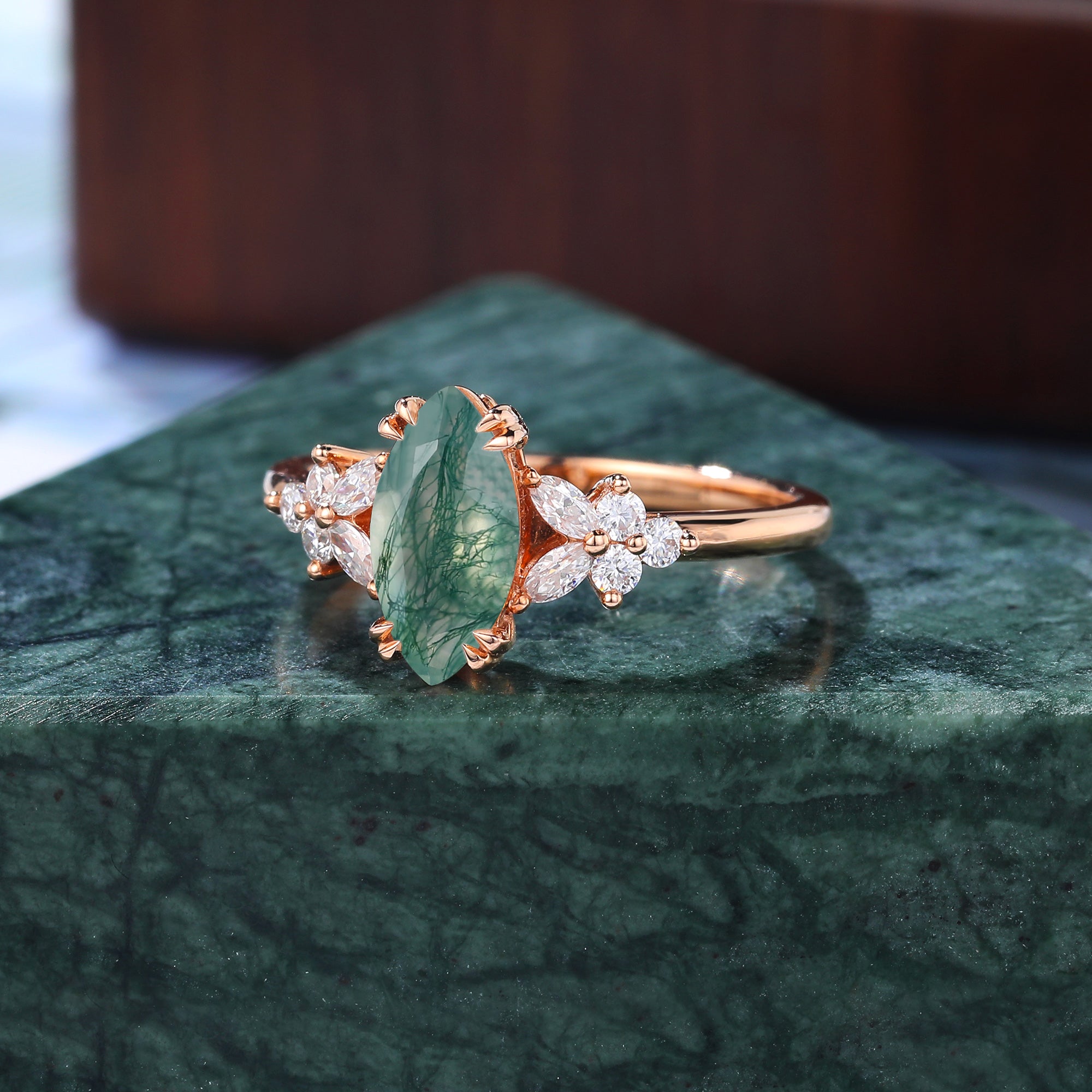 Marquise cut Moss agate yellow gold engagement ring S925/10k/14k/18k gold , unique bridal ring rose/white/yellow gold