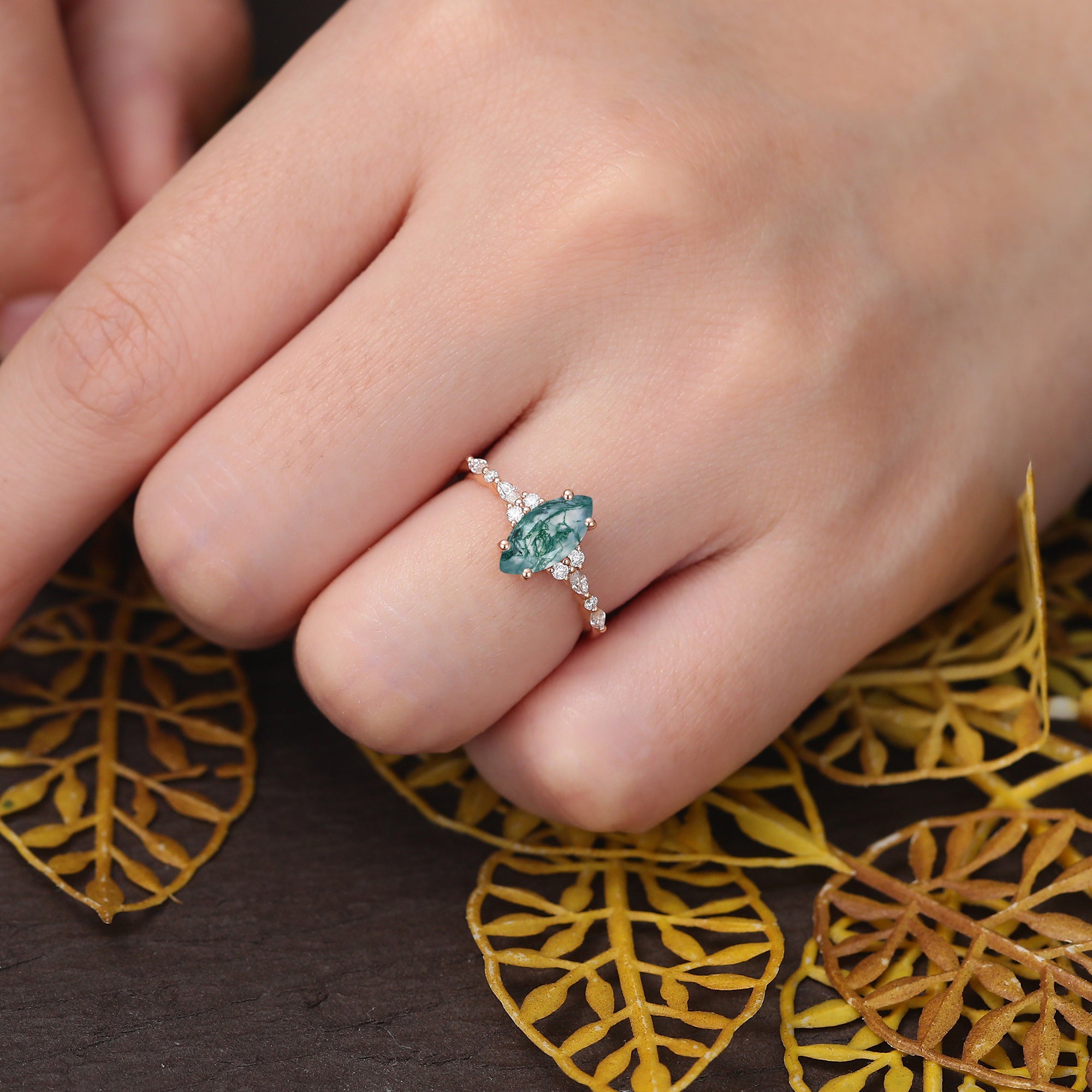 Marquise cut Moss agate engagement ring S925/10k/14k/18k , unique bridal ring rose/white/yellow gold