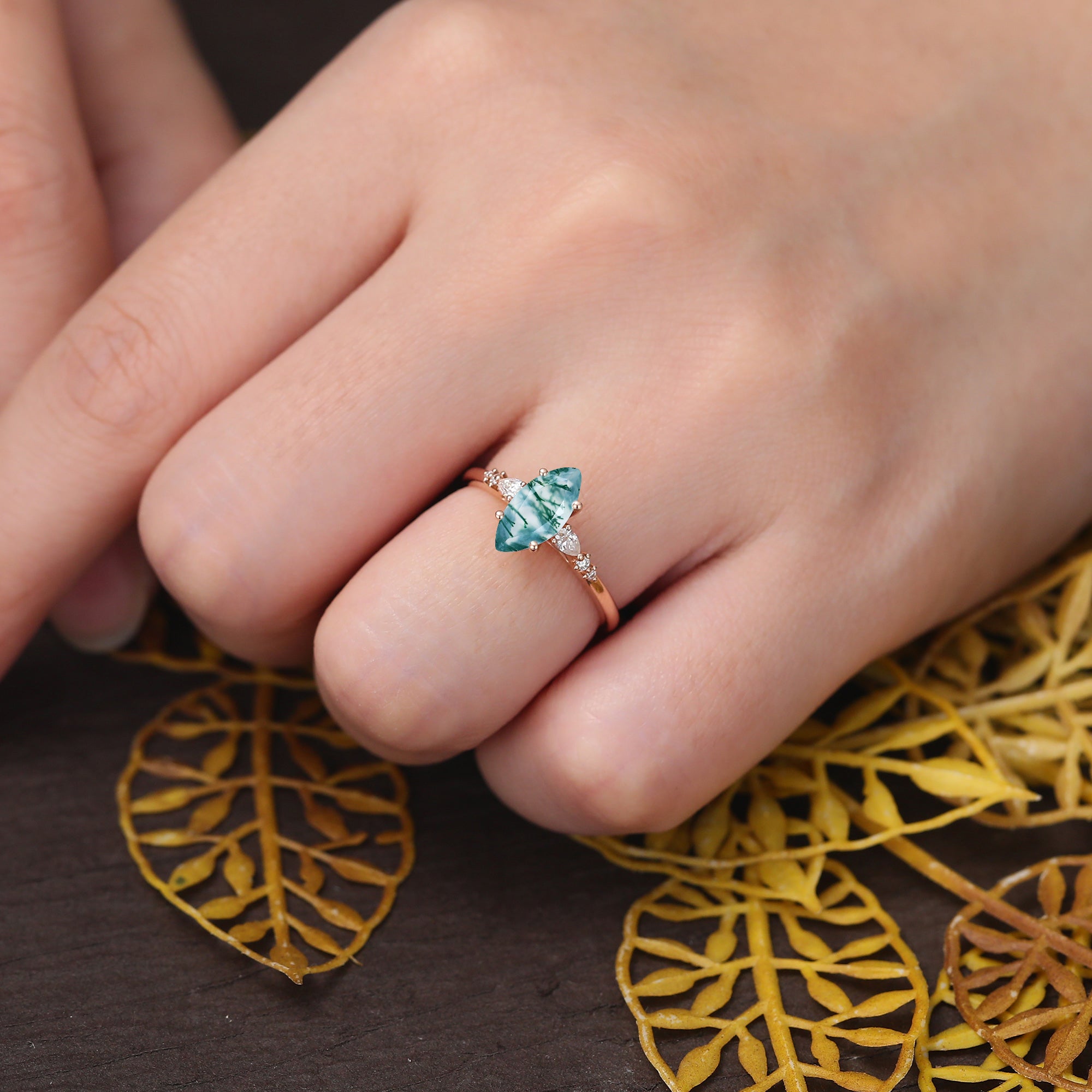 Marquise cut Moss agate rose gold engagement ring S925/10k/14k/18k gold
