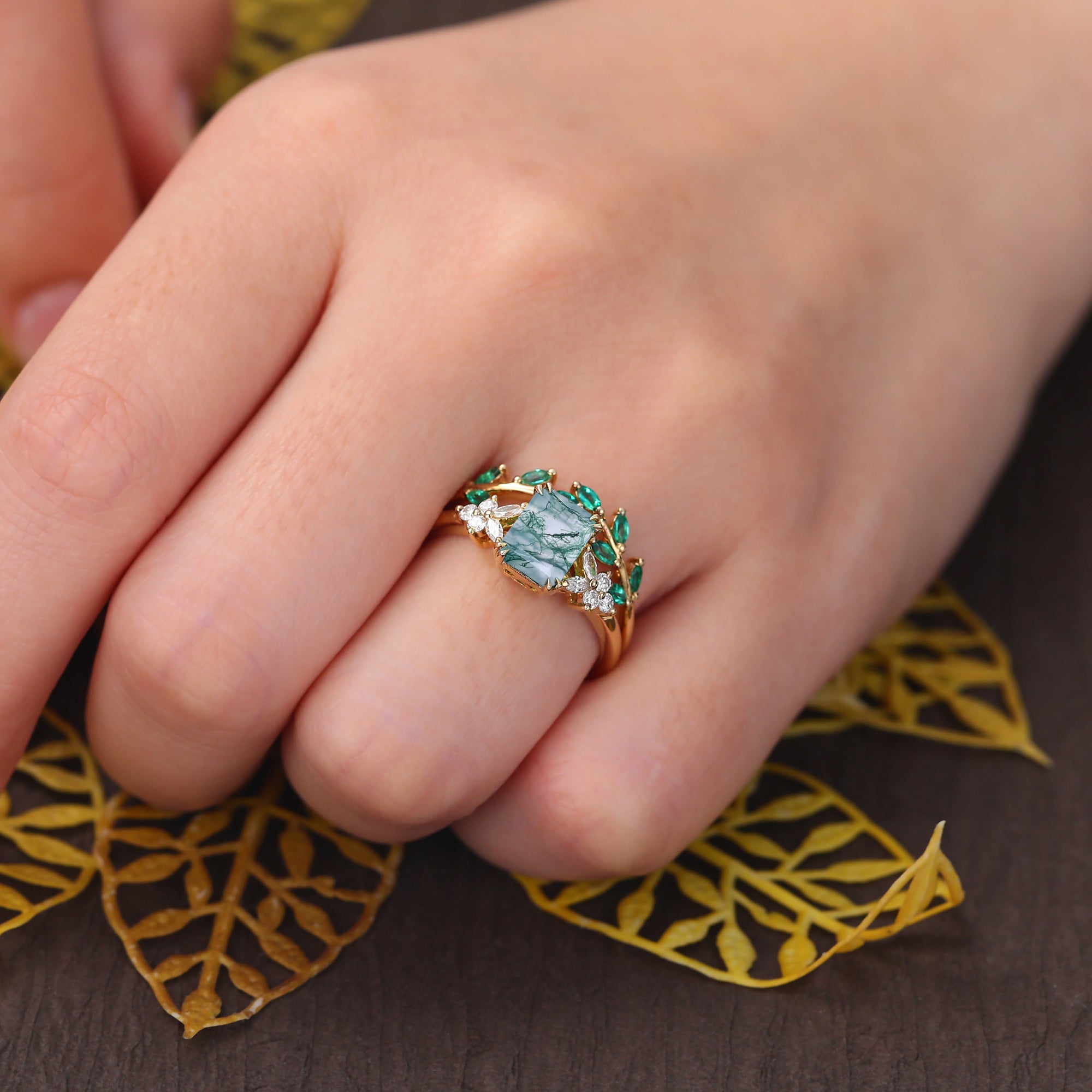 Emerald cut Moss agate yellow gold wedding ring set unique 925silver rose gold/white gold/yellow gold wedding ring 10k/14k/18k gold.