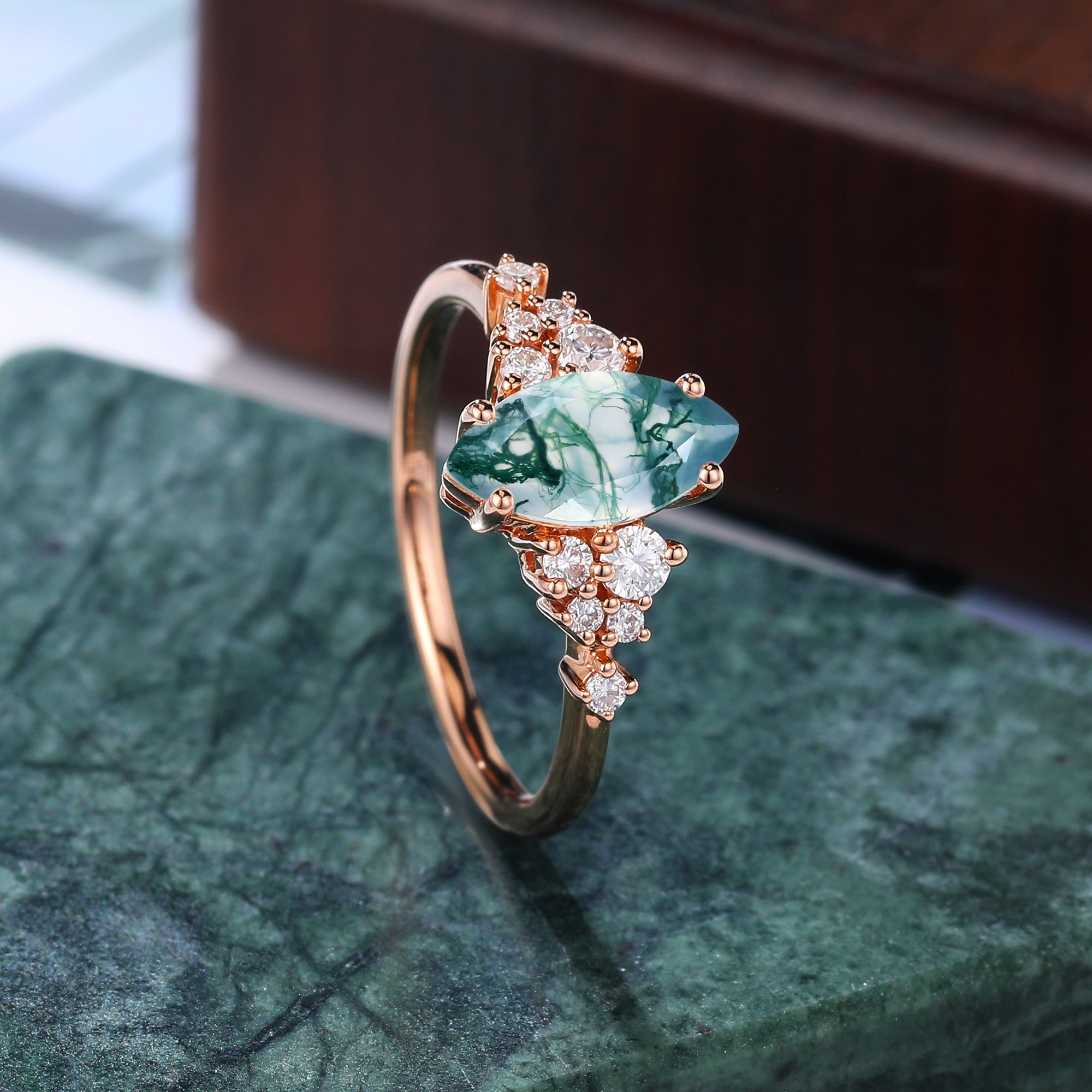 Marquise cut  Moss agate engagement ring. S925/10k/14k/18k gold ,  rose/white/yellow gold ring