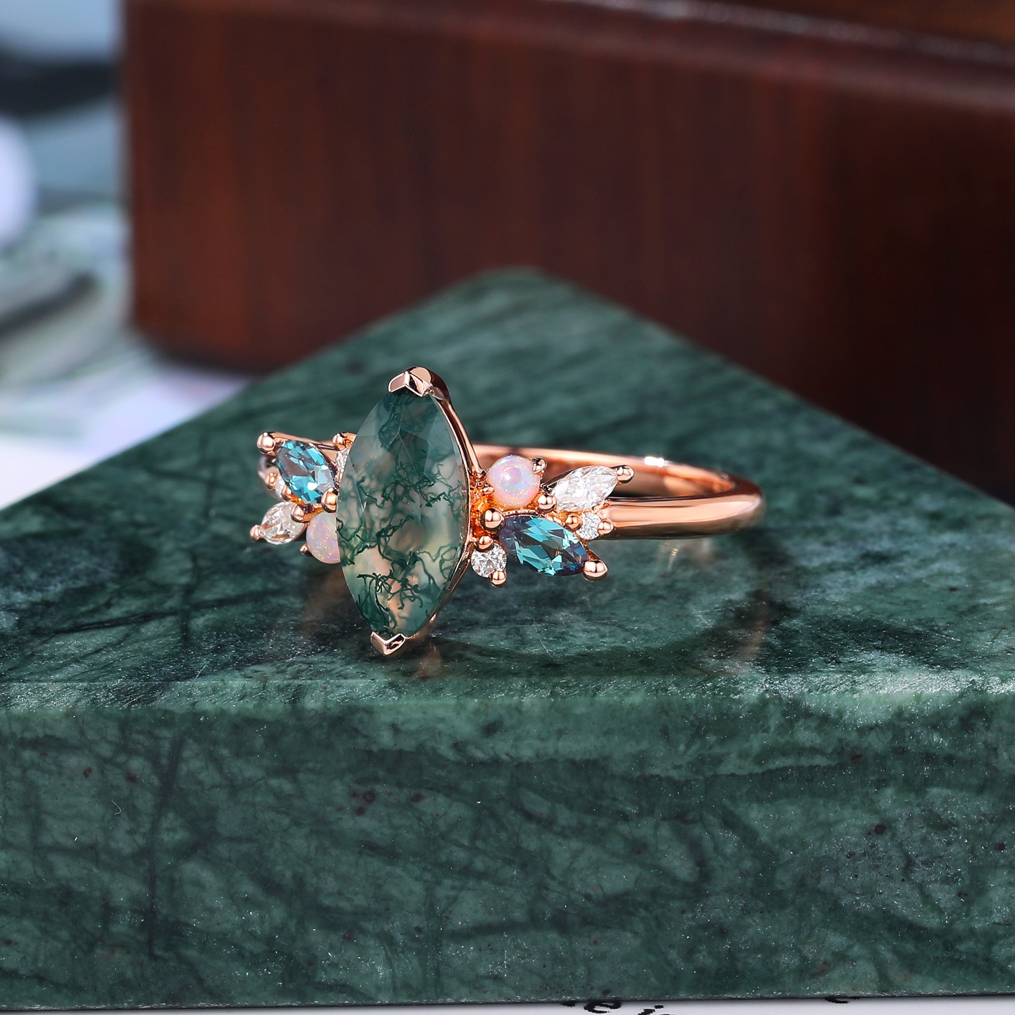 Marquise cut Moss Agate engagement ring S925/10k/14k/18k gold , unique Alexandrite  moissanite Opal ring