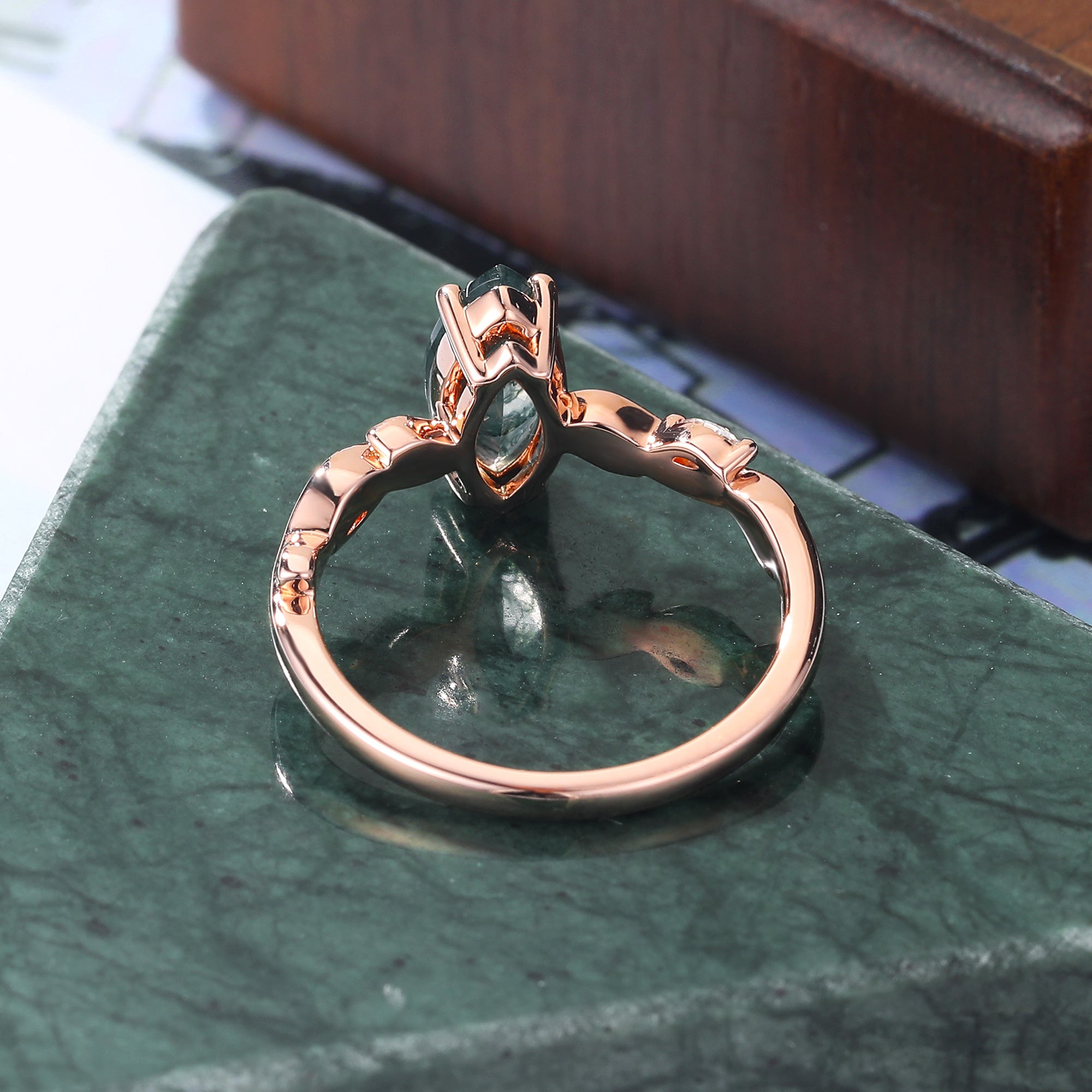 Marquise cut Moss Agate engagement ring 925silver/10k/14k/18k gold , unique moissanite Bridal ring