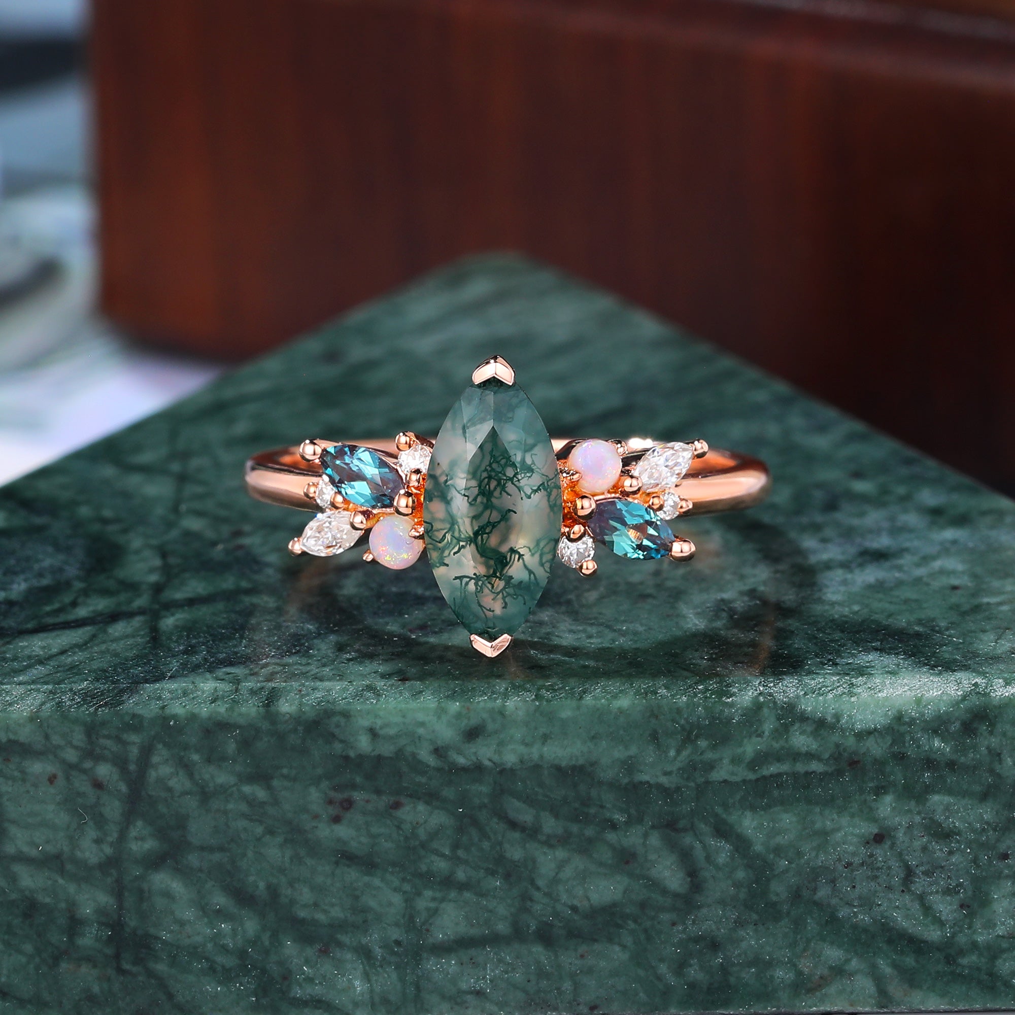 Marquise cut Moss Agate engagement ring S925/10k/14k/18k gold , unique Alexandrite  moissanite Opal ring