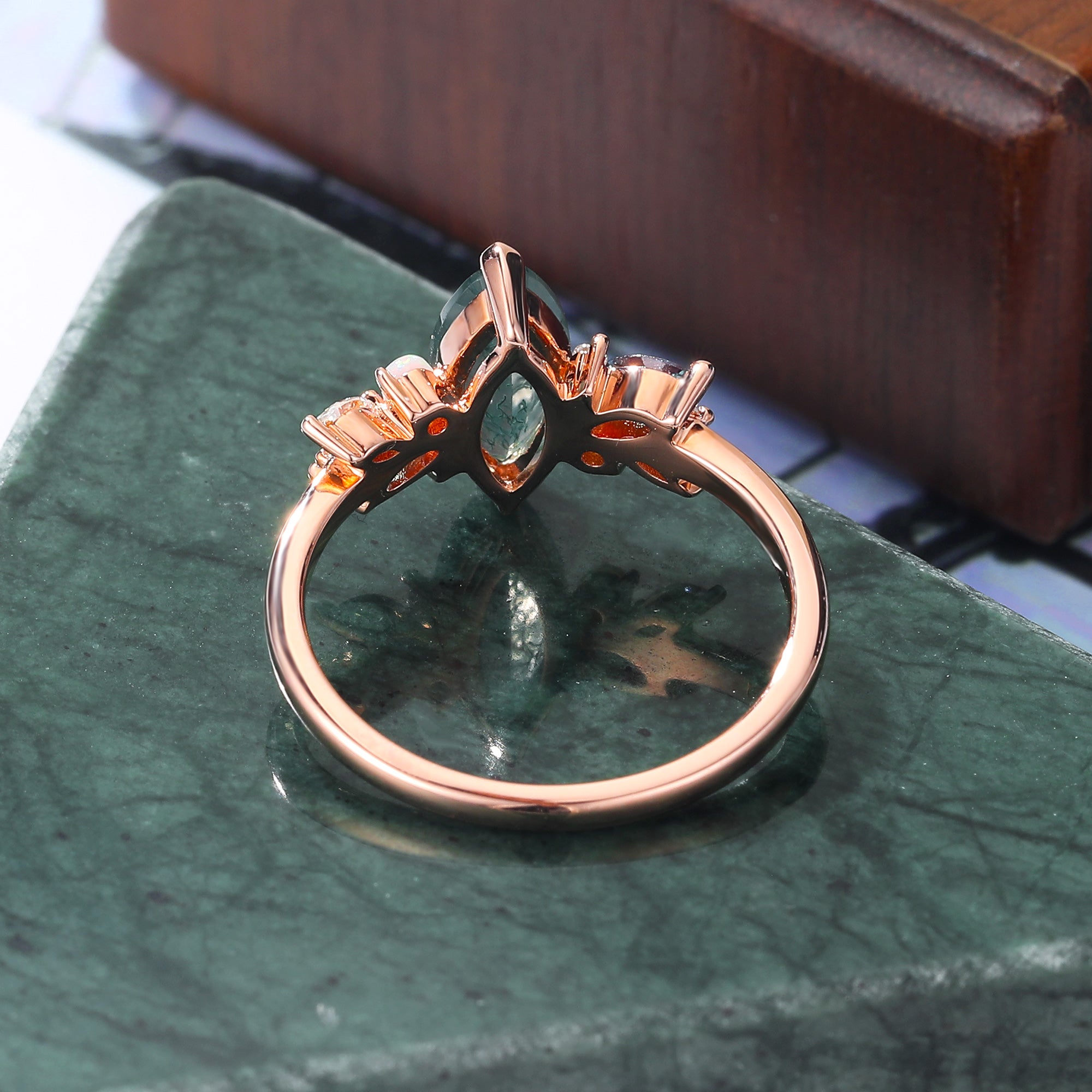 Marquise cut Moss Agate engagement ring S925/10k/14k/18k gold , unique Alexandrite  moissanite Opal ring