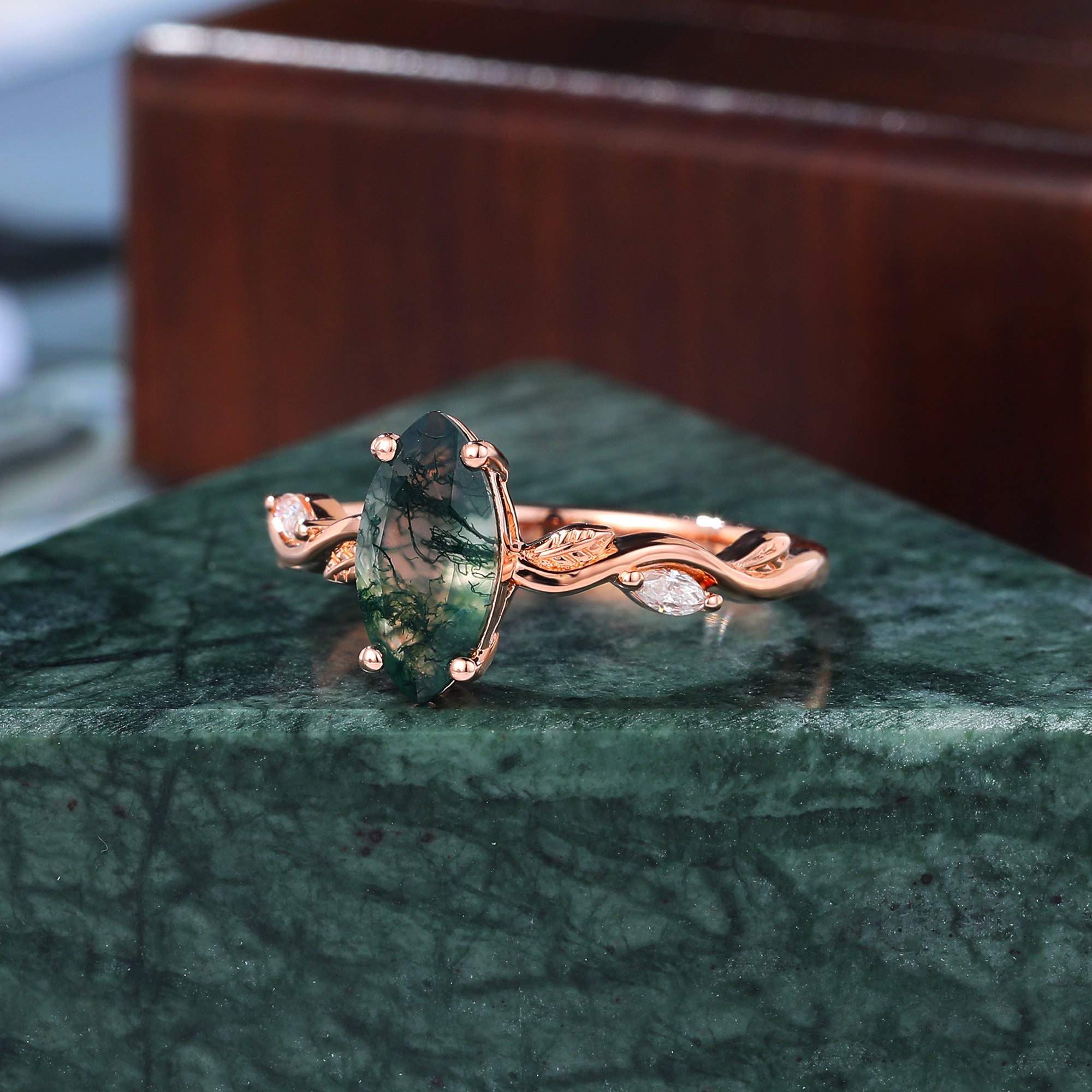 Marquise cut Moss Agate engagement ring 925silver/10k/14k/18k gold , unique moissanite Bridal ring