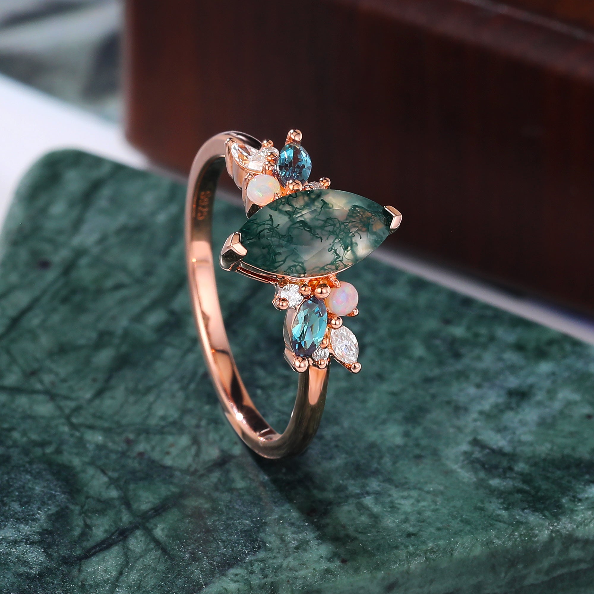 Marquise cut Moss Agate engagement ring S925/10k/14k/18k gold , unique Alexandrite  moissanite Opal ring