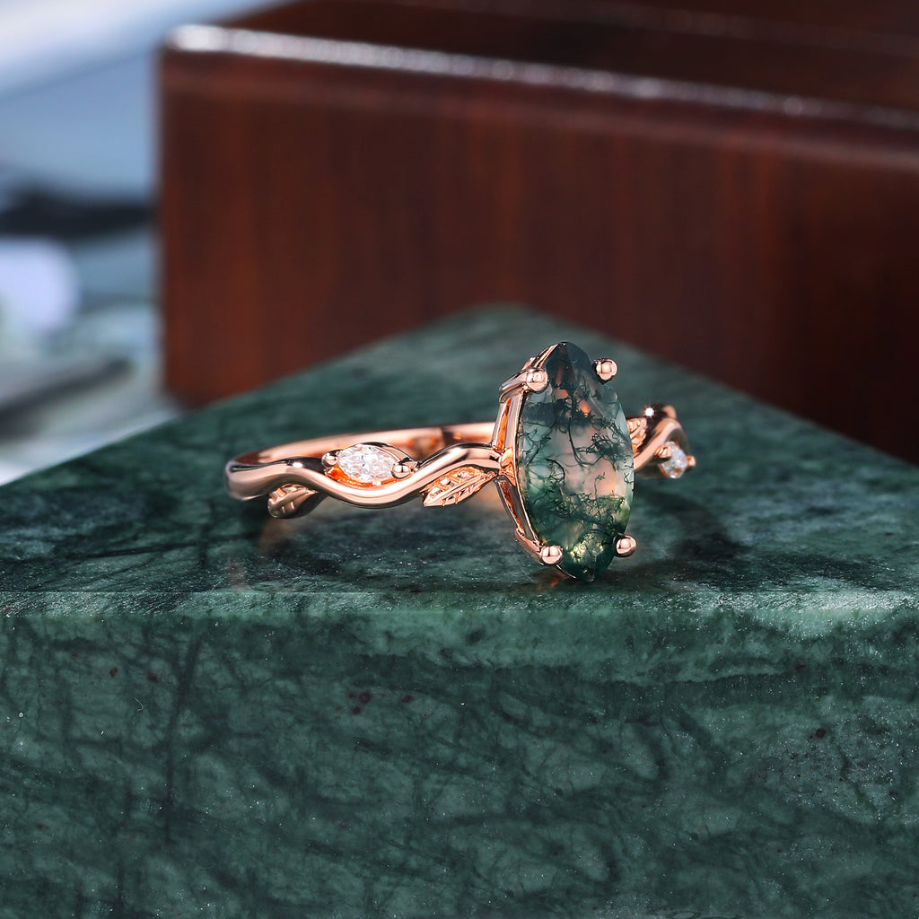 Marquise cut Moss Agate engagement ring 925silver/10k/14k/18k gold , unique moissanite Bridal ring