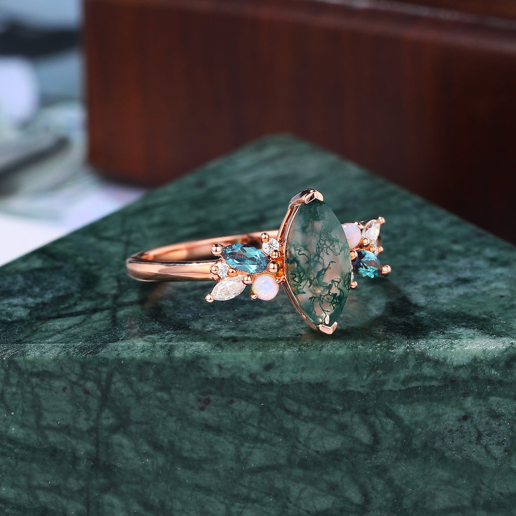 Marquise cut Moss Agate engagement ring S925/10k/14k/18k gold , unique Alexandrite  moissanite Opal ring