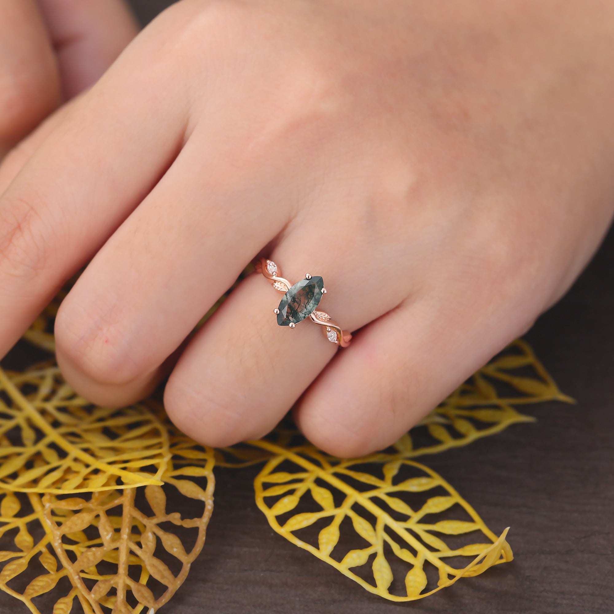 Marquise cut Moss Agate engagement ring 925silver/10k/14k/18k gold , unique moissanite Bridal ring