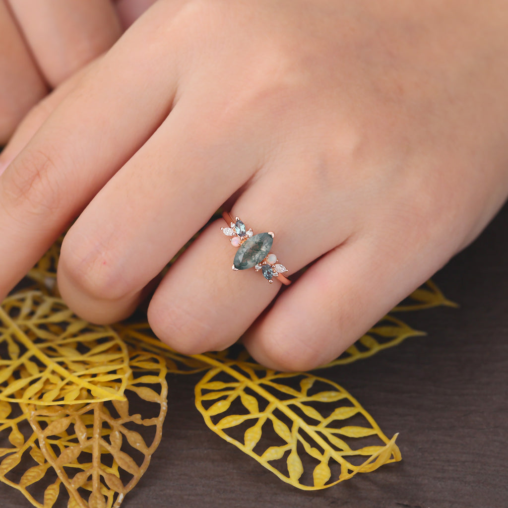 Marquise cut Moss Agate engagement ring S925/10k/14k/18k gold , unique Alexandrite  moissanite Opal ring