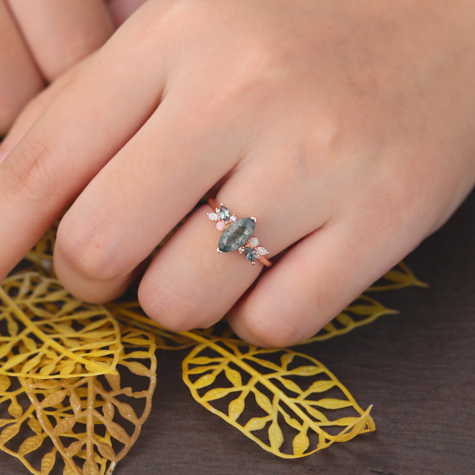 Marquise cut Moss Agate engagement ring S925/10k/14k/18k gold , unique Alexandrite  moissanite Opal ring