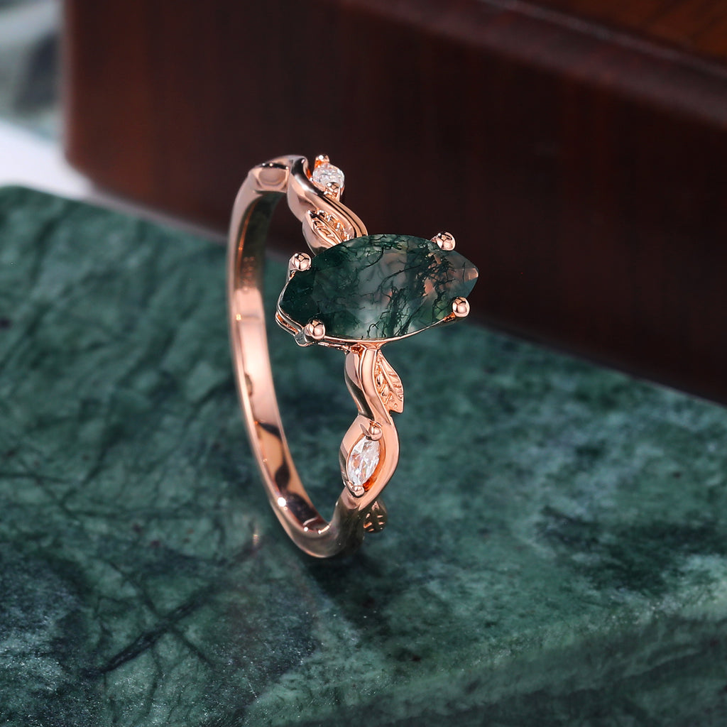 Marquise cut Moss Agate engagement ring 925silver/10k/14k/18k gold , unique moissanite Bridal ring