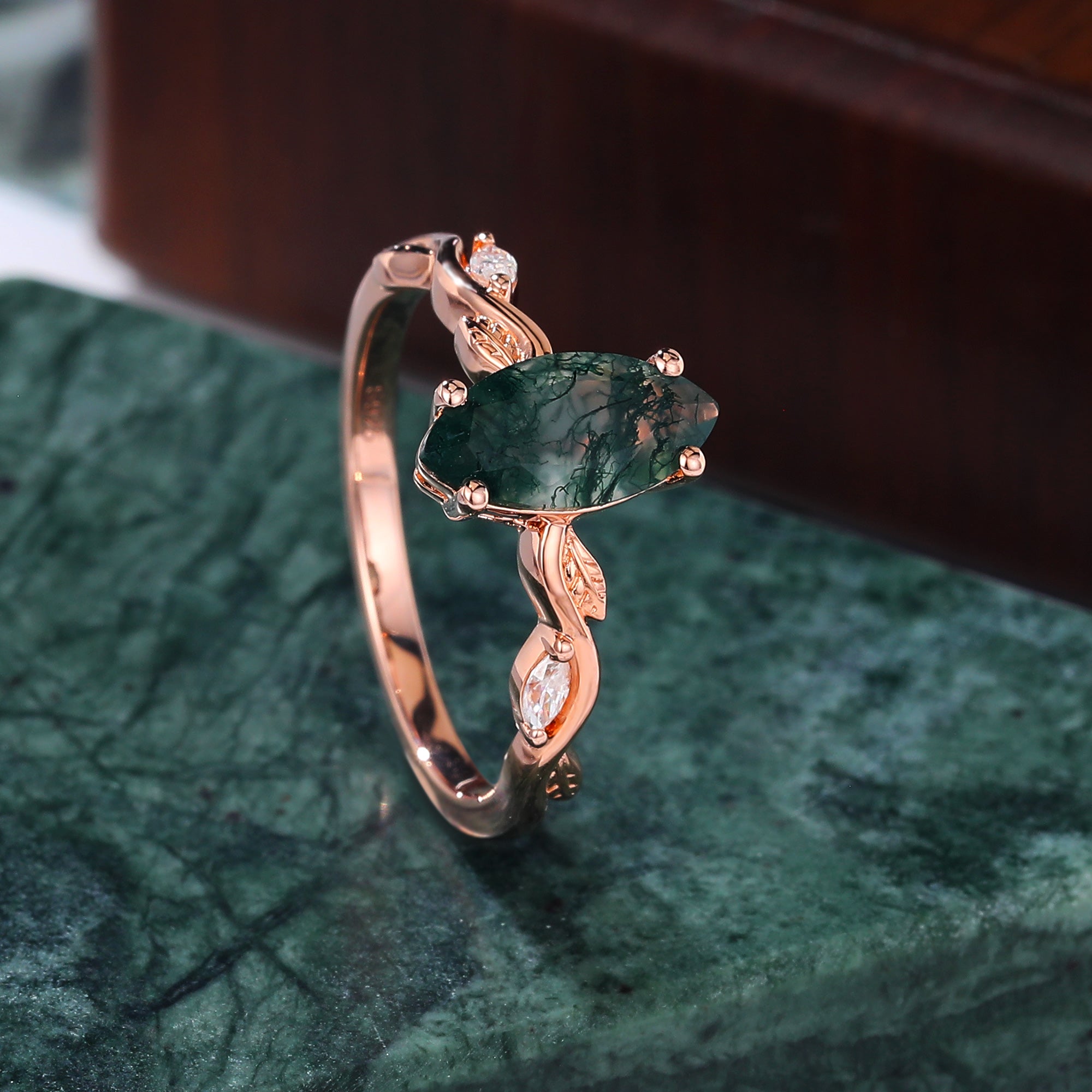 Marquise cut Moss Agate engagement ring 925silver/10k/14k/18k gold , unique moissanite Bridal ring