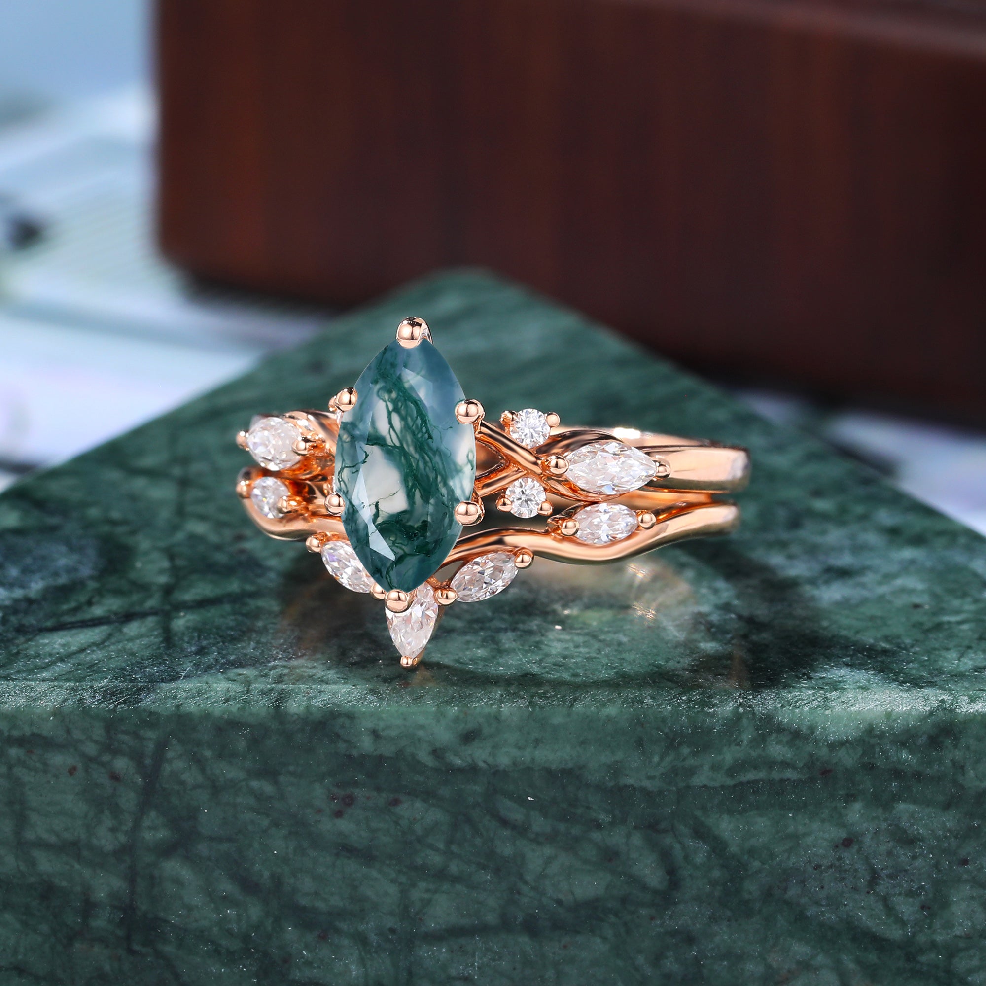 Unique Vintage Marquise Moss Agate rose gold Engagement Ring Set, S925/10k/14k/18k