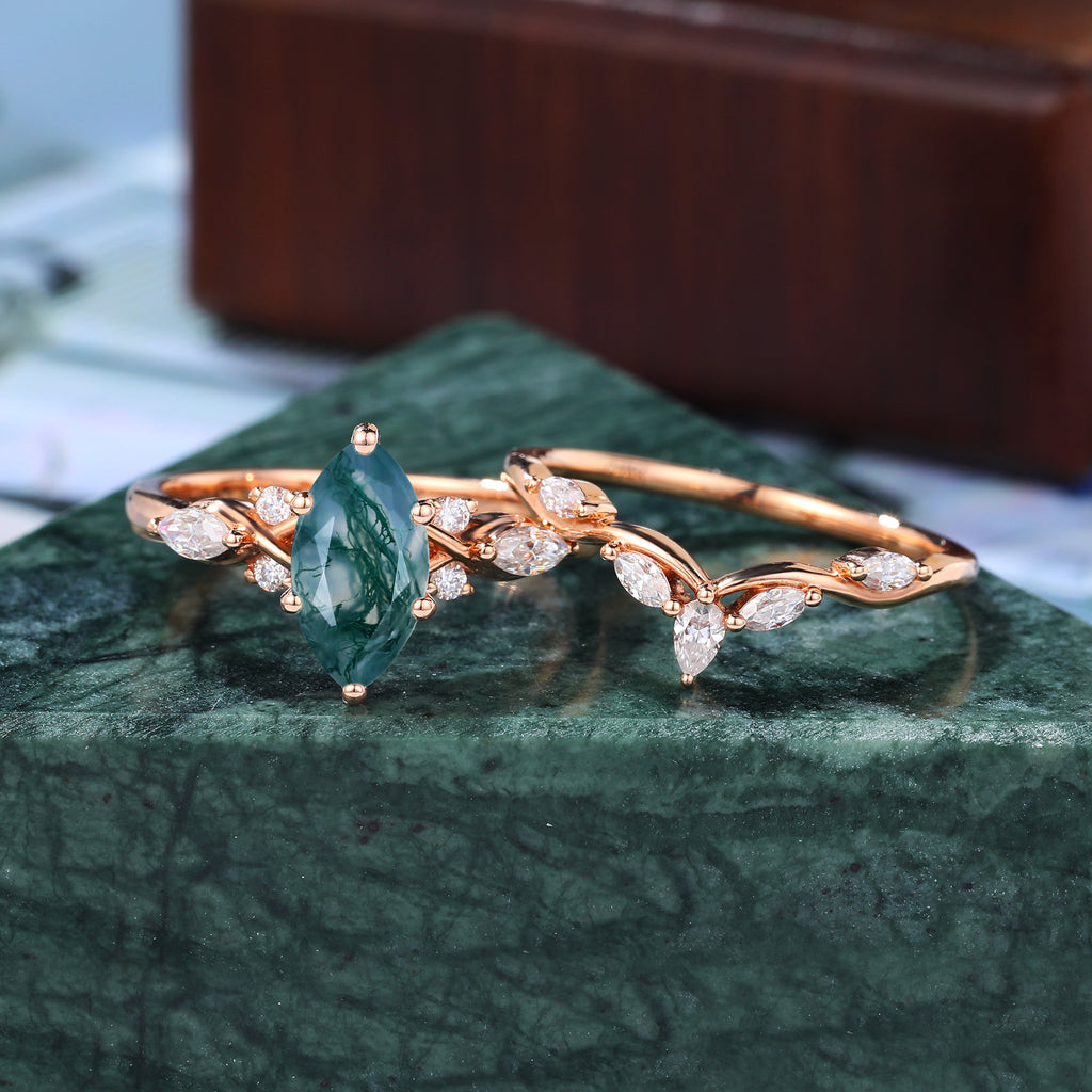 Unique Vintage Marquise Moss Agate rose gold Engagement Ring Set, S925/10k/14k/18k