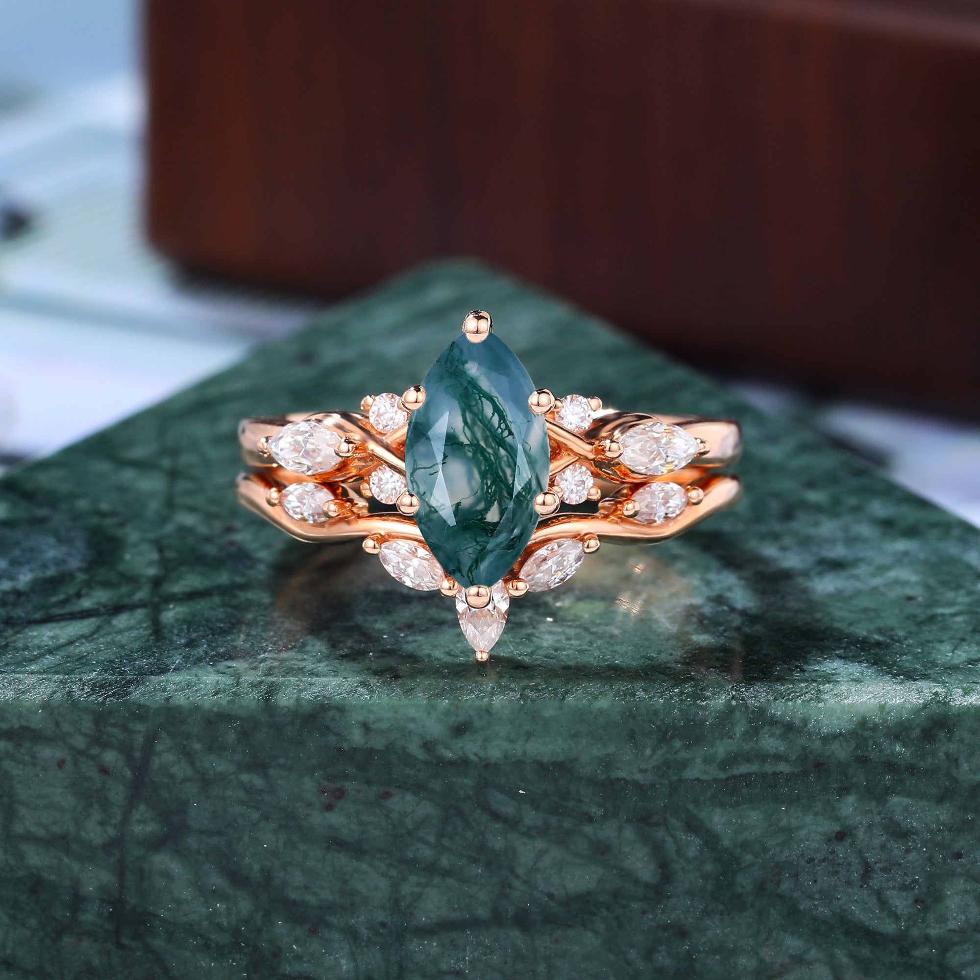 Unique Vintage Marquise Moss Agate rose gold Engagement Ring Set, S925/10k/14k/18k