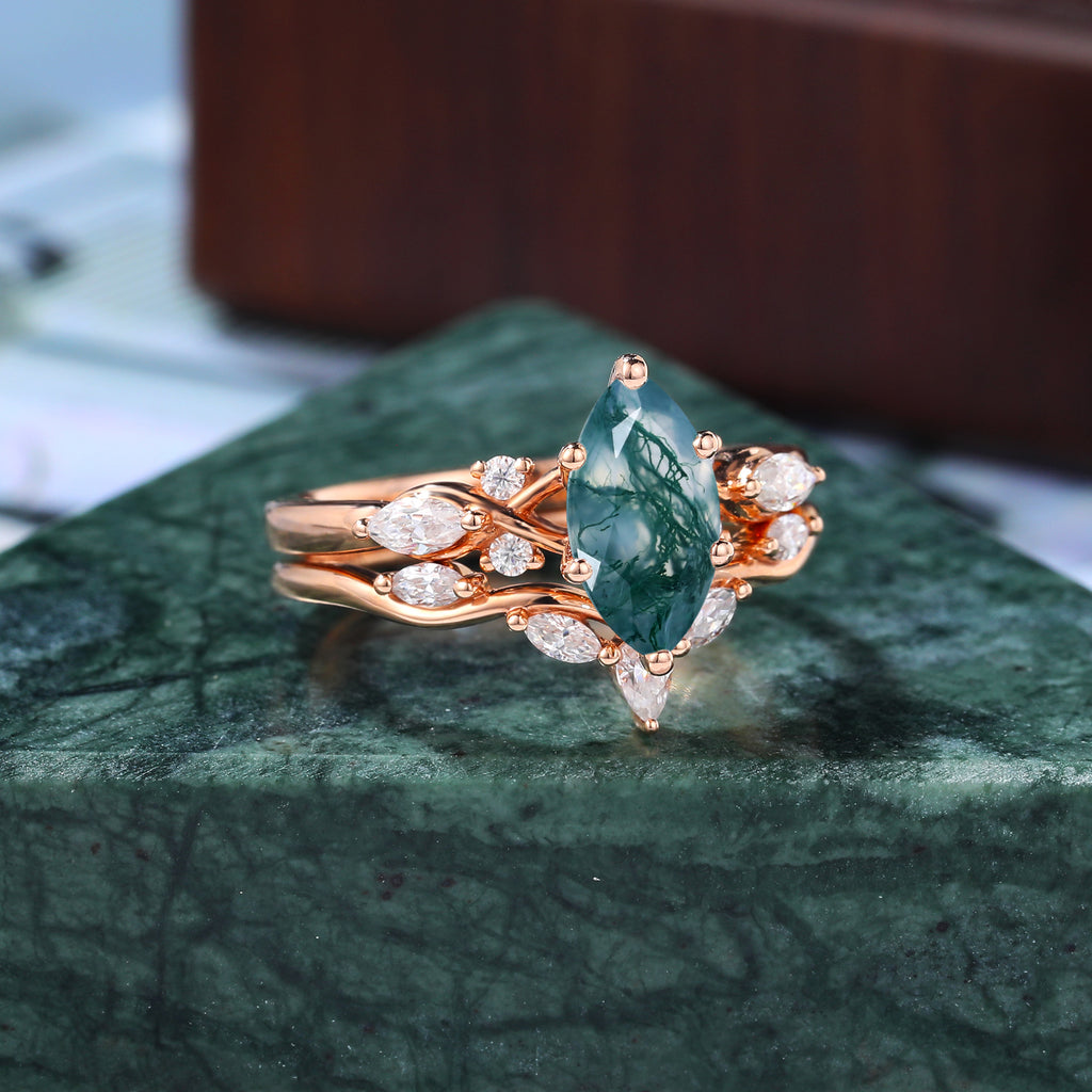 Unique Vintage Marquise Moss Agate rose gold Engagement Ring Set, S925/10k/14k/18k