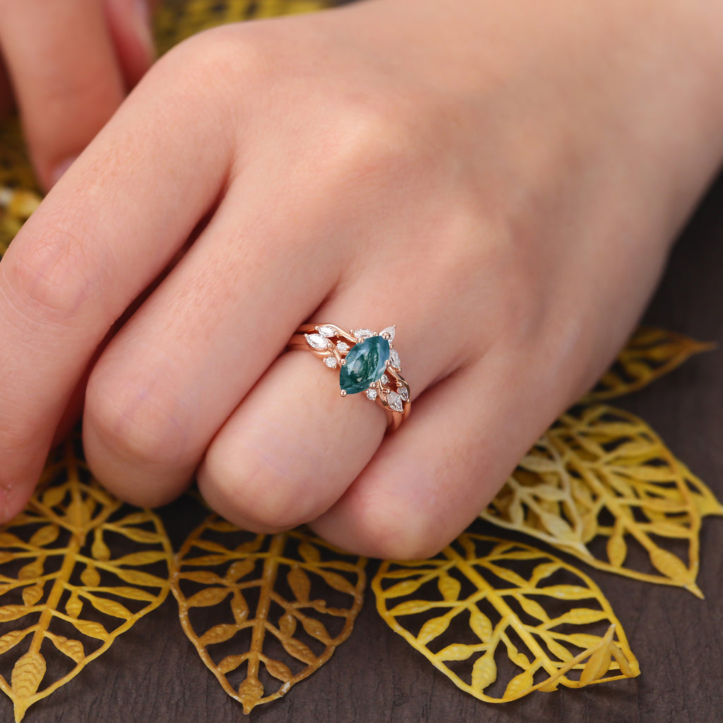 Unique Vintage Marquise Moss Agate rose gold Engagement Ring Set, S925/10k/14k/18k