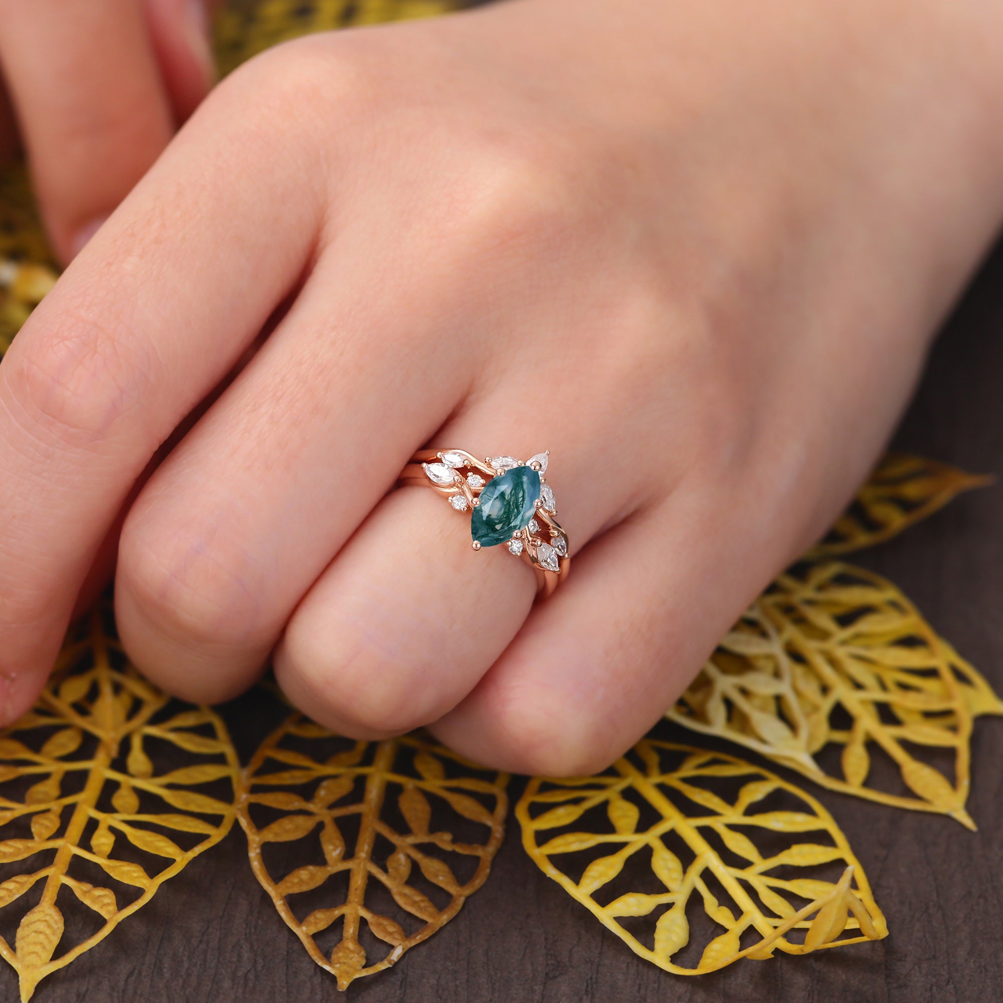 Unique Vintage Marquise Moss Agate rose gold Engagement Ring Set, S925/10k/14k/18k