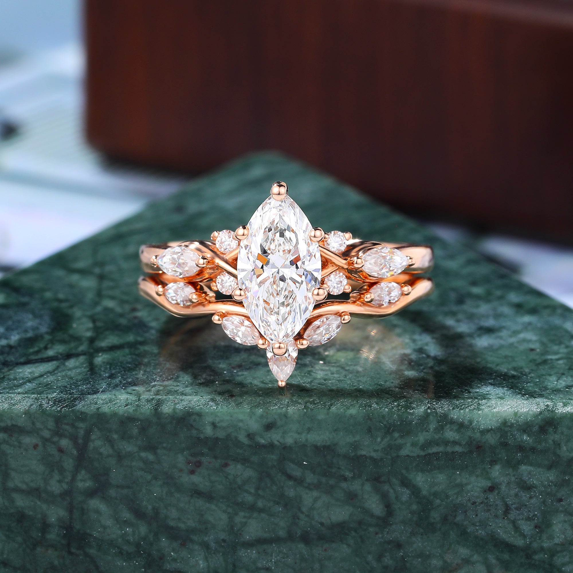 Unique 1.0CT Marquise cut Moissanite Engagement Ring Set  Cluster  Rose white/yellow/Gold Bridal Wedding band.S925/10K/14K/18K