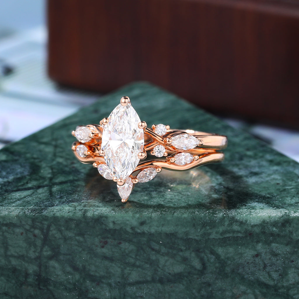 Unique 1.0CT Marquise cut Moissanite Engagement Ring Set  Cluster  Rose white/yellow/Gold Bridal Wedding band.S925/10K/14K/18K