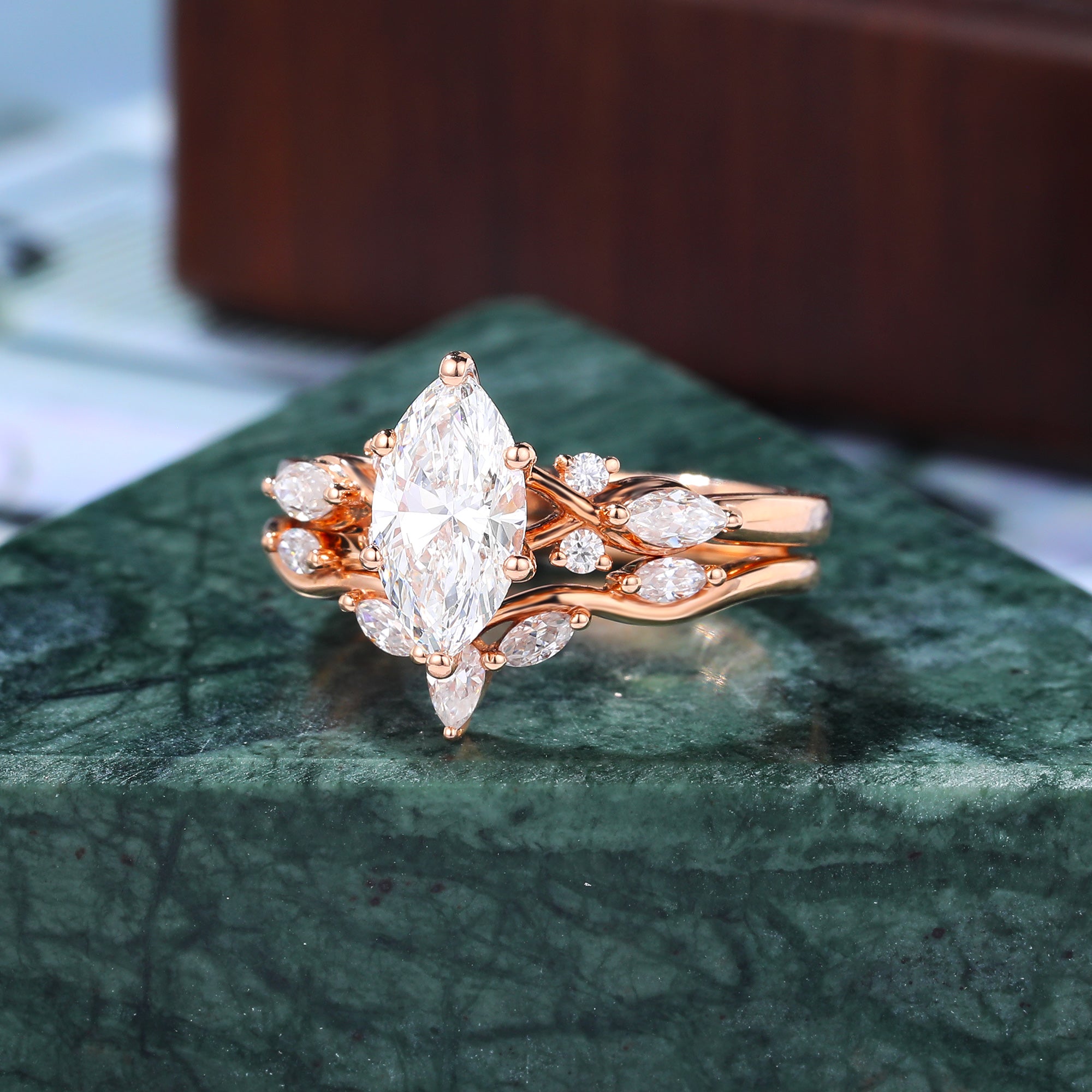 Unique 1.0CT Marquise cut Moissanite Engagement Ring Set  Cluster  Rose white/yellow/Gold Bridal Wedding band.S925/10K/14K/18K