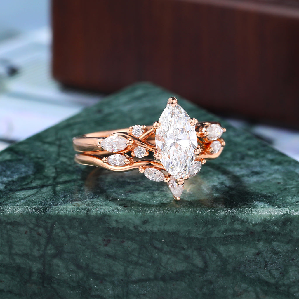 Unique 1.0CT Marquise cut Moissanite Engagement Ring Set  Cluster  Rose white/yellow/Gold Bridal Wedding band.S925/10K/14K/18K