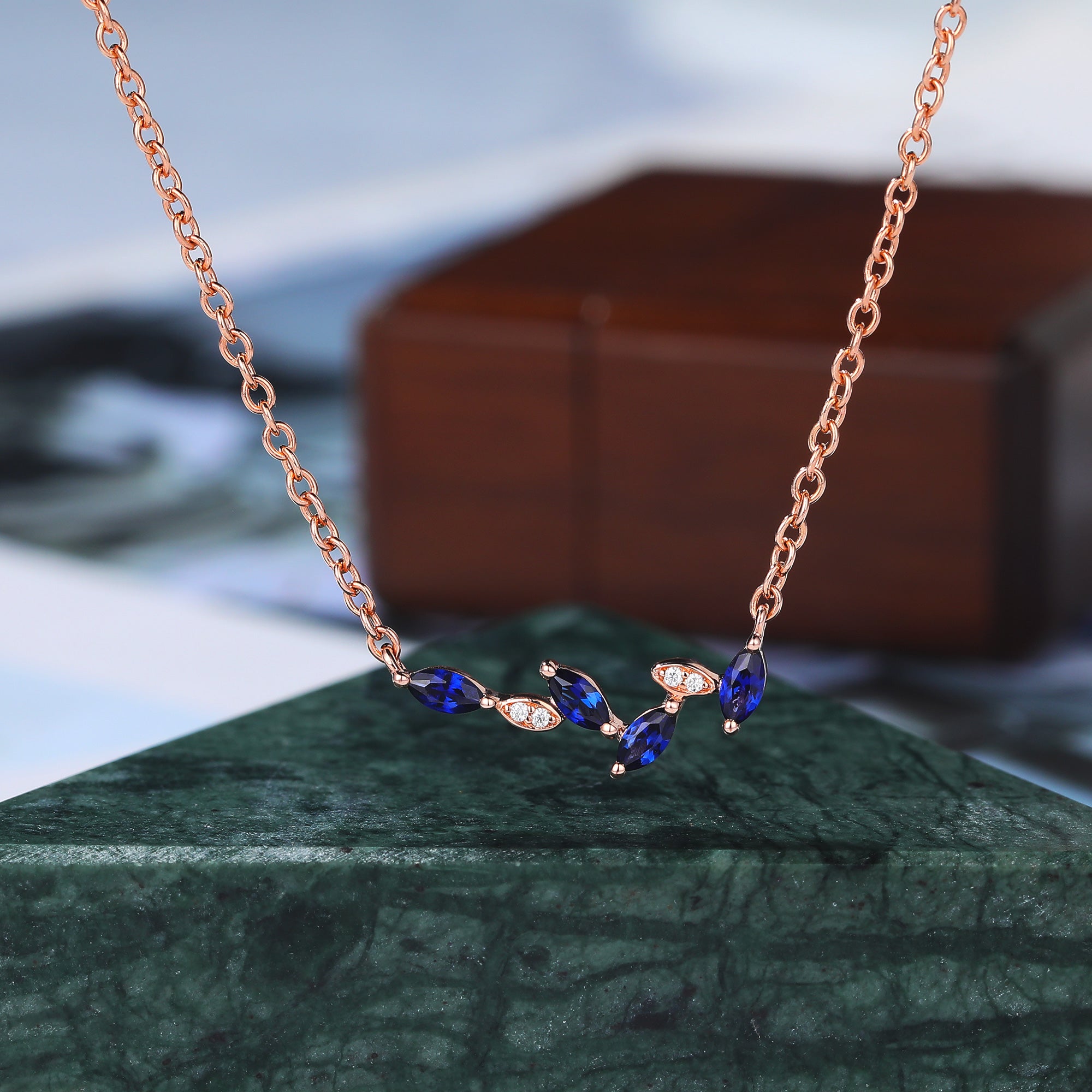 Marquise cut Lab Sapphire rose gold Bar Necklace ,18 inches round cut  Lab Diamond Bar Necklace