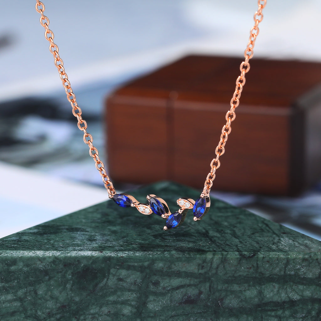 Marquise cut Lab Sapphire rose gold Bar Necklace ,18 inches round cut  Lab Diamond Bar Necklace