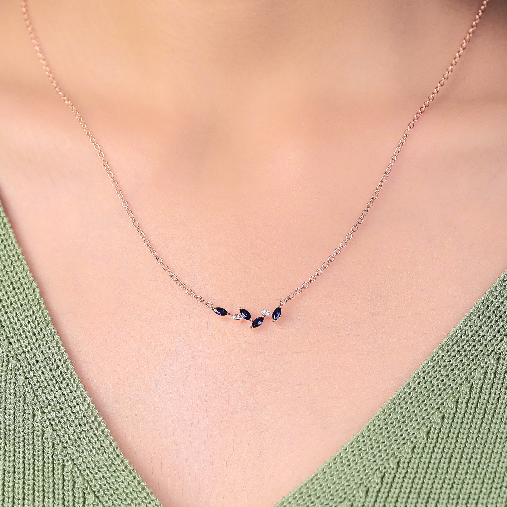 Marquise cut Lab Sapphire rose gold Bar Necklace ,18 inches round cut  Lab Diamond Bar Necklace