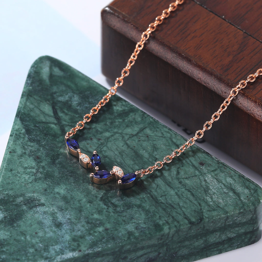 Marquise cut Lab Sapphire rose gold Bar Necklace ,18 inches round cut  Lab Diamond Bar Necklace