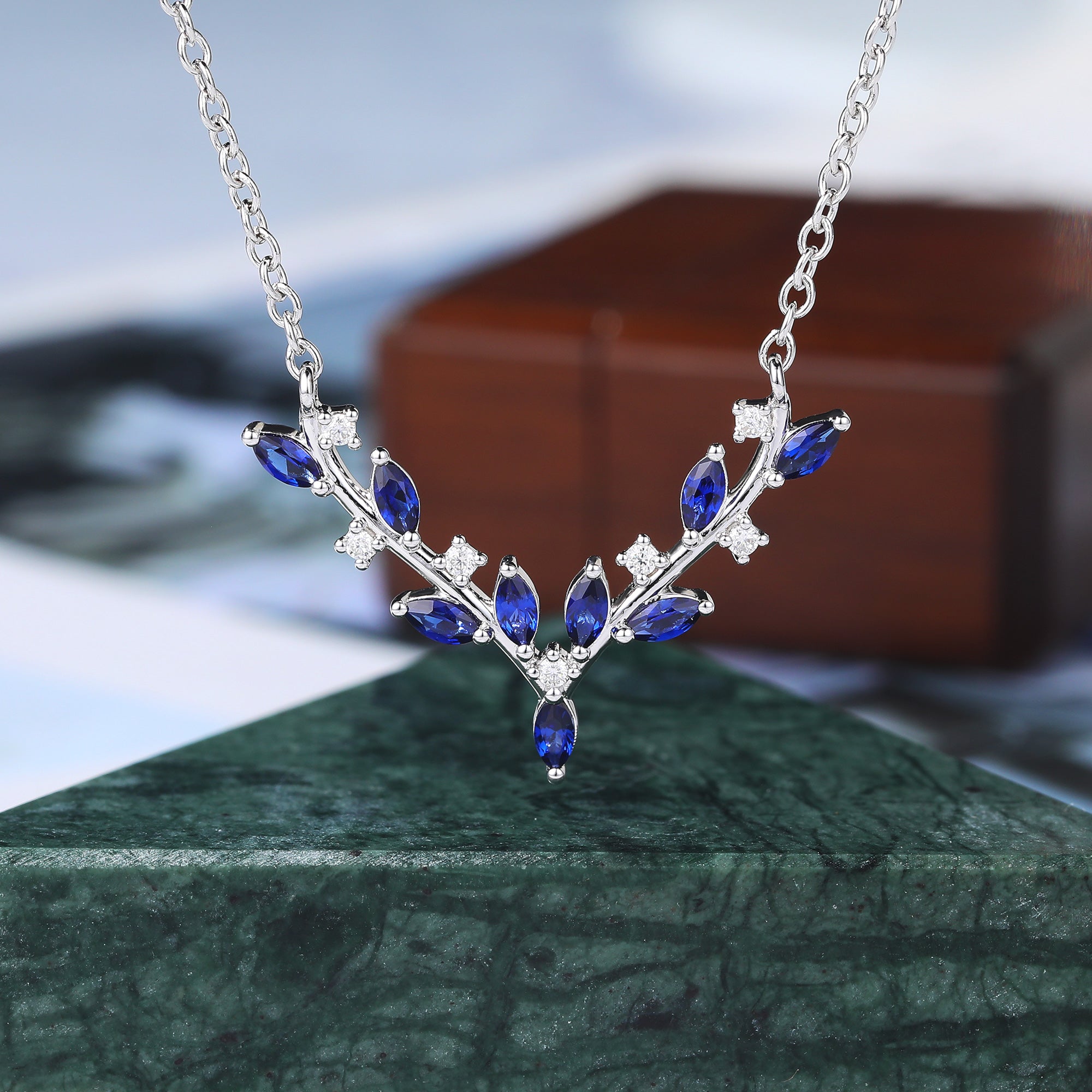 Marquise cut Lab Sapphire white gold Pendant Necklace ,18 inches round cut moissanite Pendant Necklace