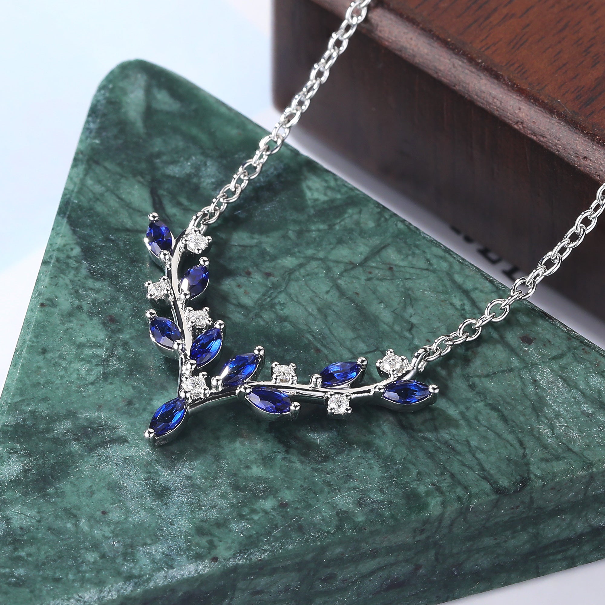 Marquise cut Lab Sapphire white gold Pendant Necklace ,18 inches round cut moissanite Pendant Necklace