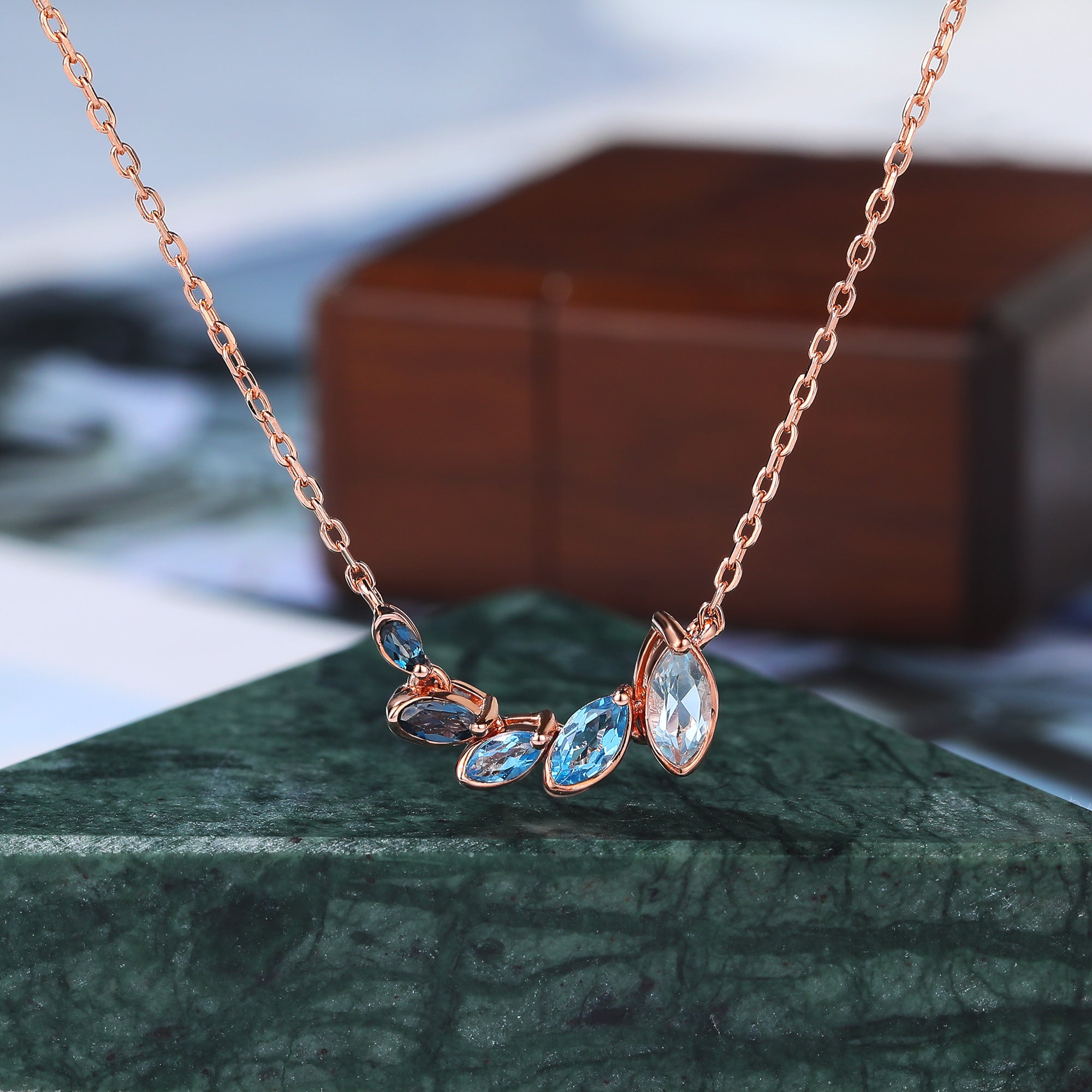 Marquise cut London blue Topaz rose gold Pendant Necklace ,18 inches Sky blue Topaz Swiss Blue Topaz Pendant Necklace for women
