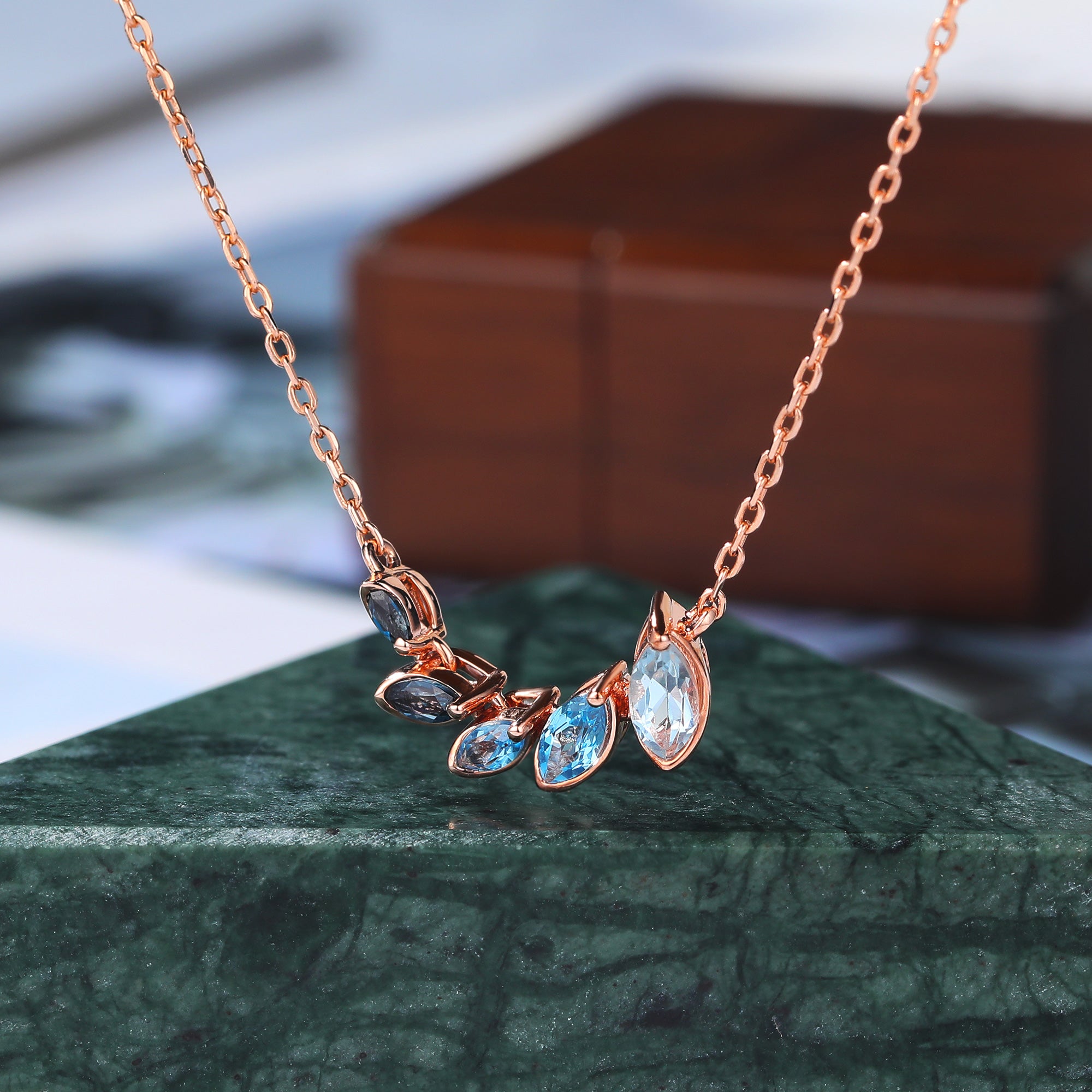 Marquise cut London blue Topaz rose gold Pendant Necklace ,18 inches Sky blue Topaz Swiss Blue Topaz Pendant Necklace for women
