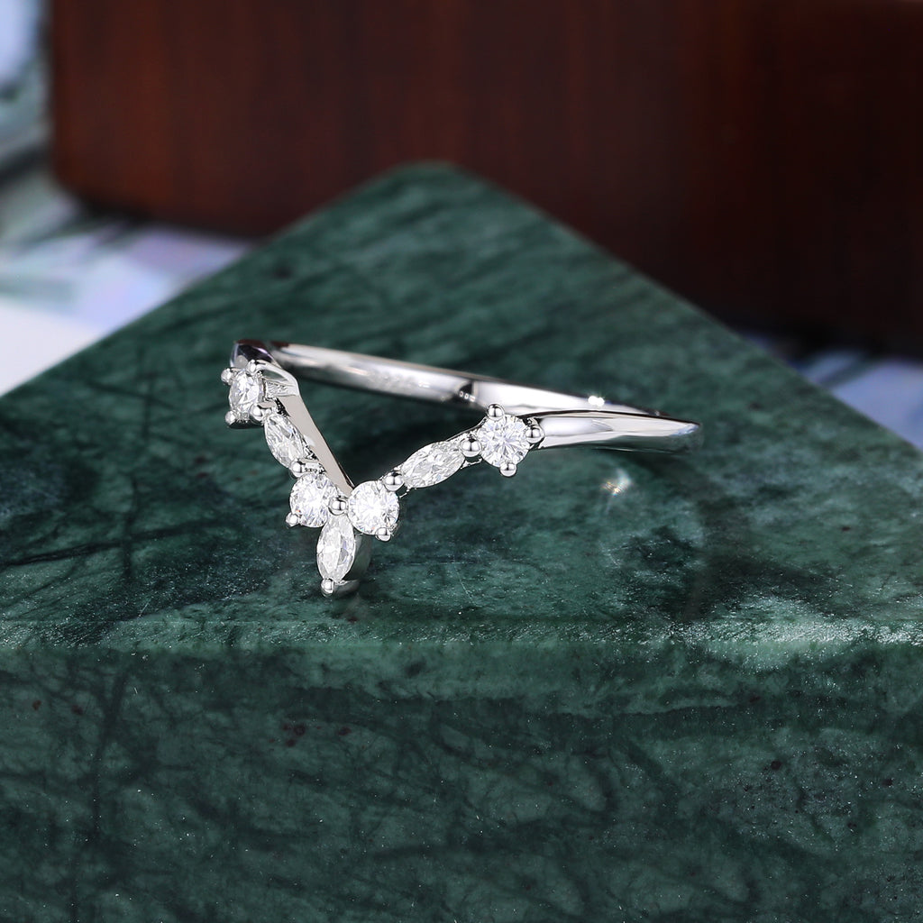 Curved wedding band Marquise cut moissanite ring rose/yellow/ white gold ring