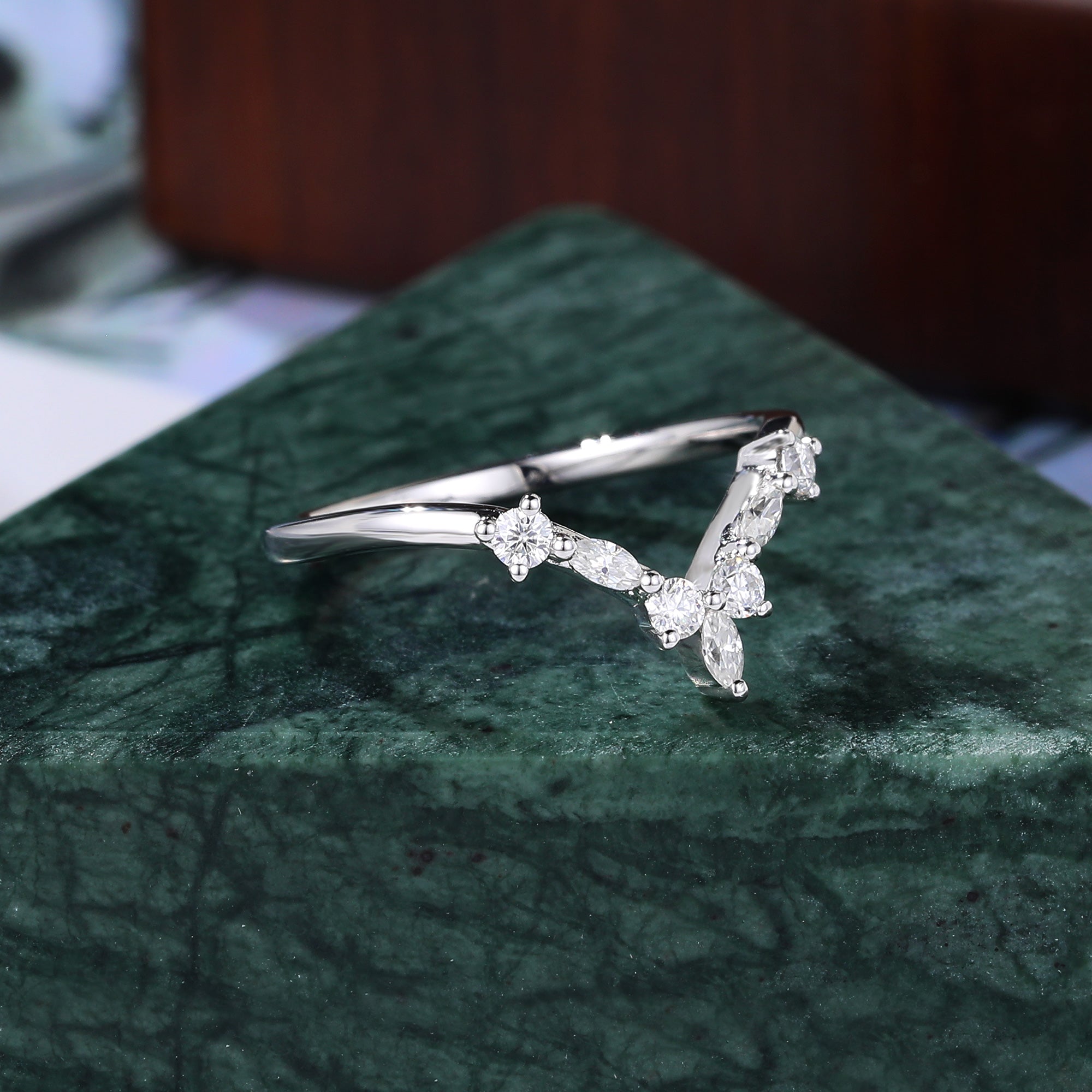 Curved wedding band Marquise cut moissanite ring rose/yellow/ white gold ring