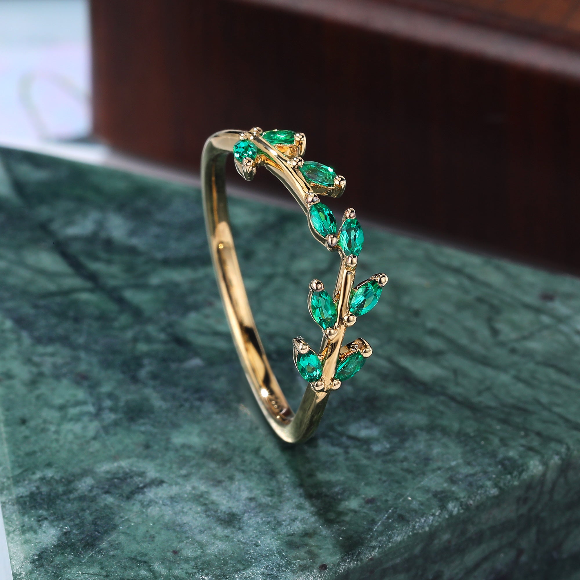 Yellow gold wedding band women Lab emerald wedding ring 10k/14k/18k/925silver