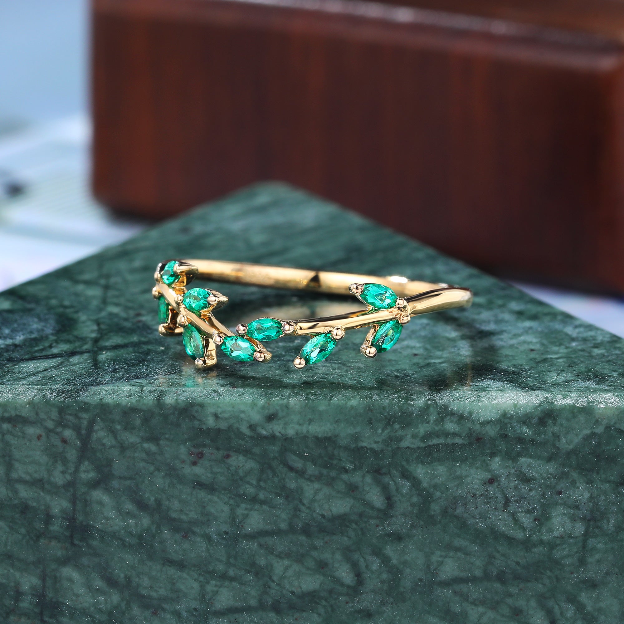 Yellow gold wedding band women Lab emerald wedding ring 10k/14k/18k/925silver