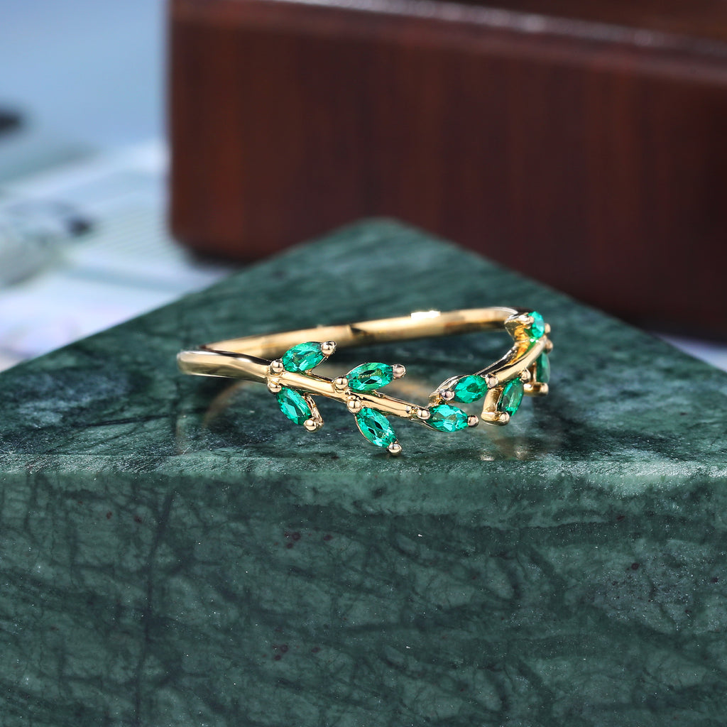 Yellow gold wedding band women Lab emerald wedding ring 10k/14k/18k/925silver